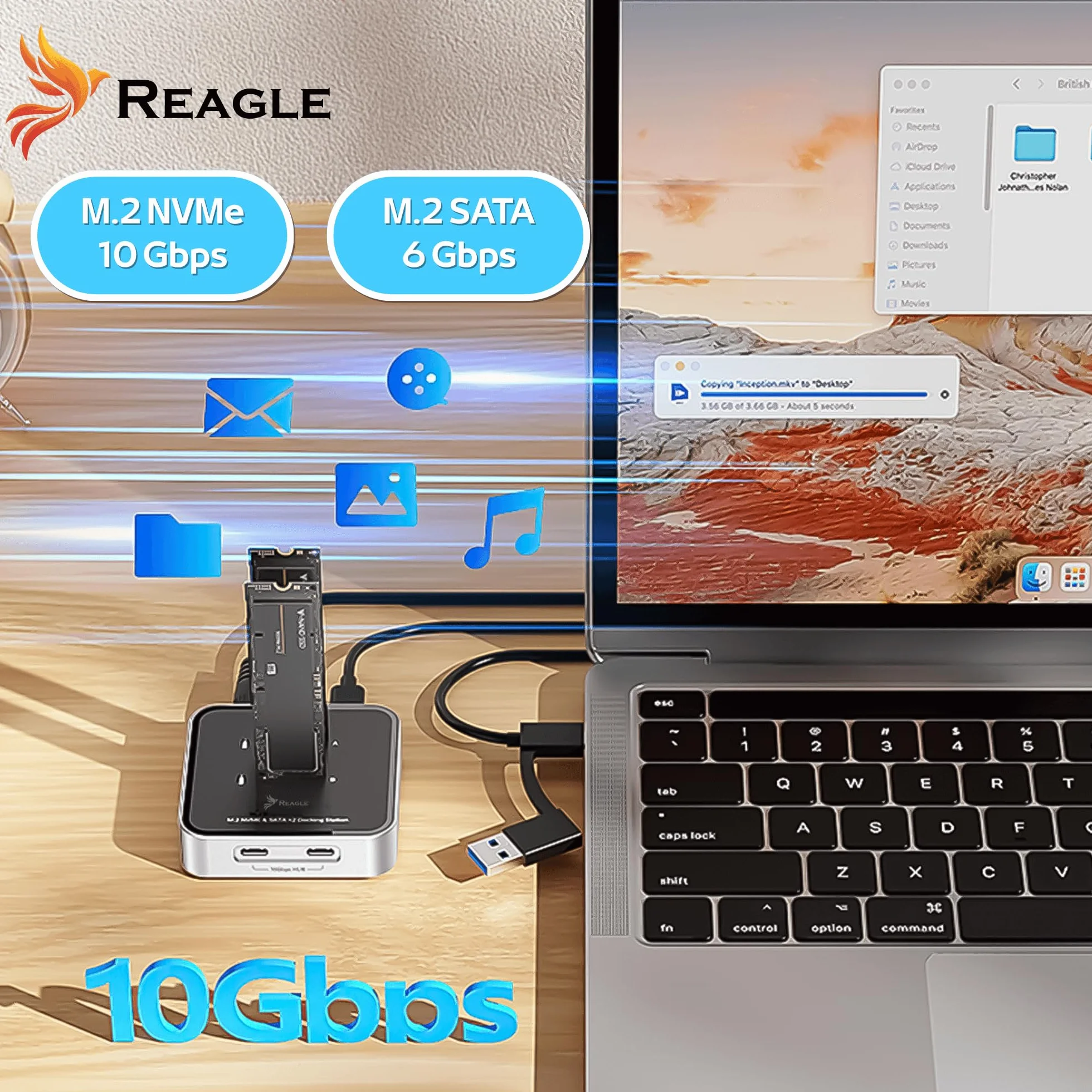 Reagle Dual M.2 NVMe SATA stacja dokująca, USB-C 3.2 Gen2 10 Gbit/s, 2 × M.2 SSD jednocześnie, wsparcie 16 TB, aluminiowa obudowa, klucz M i B+M Key, Plug & Play, w zestawie kabel USB-A/USB-C