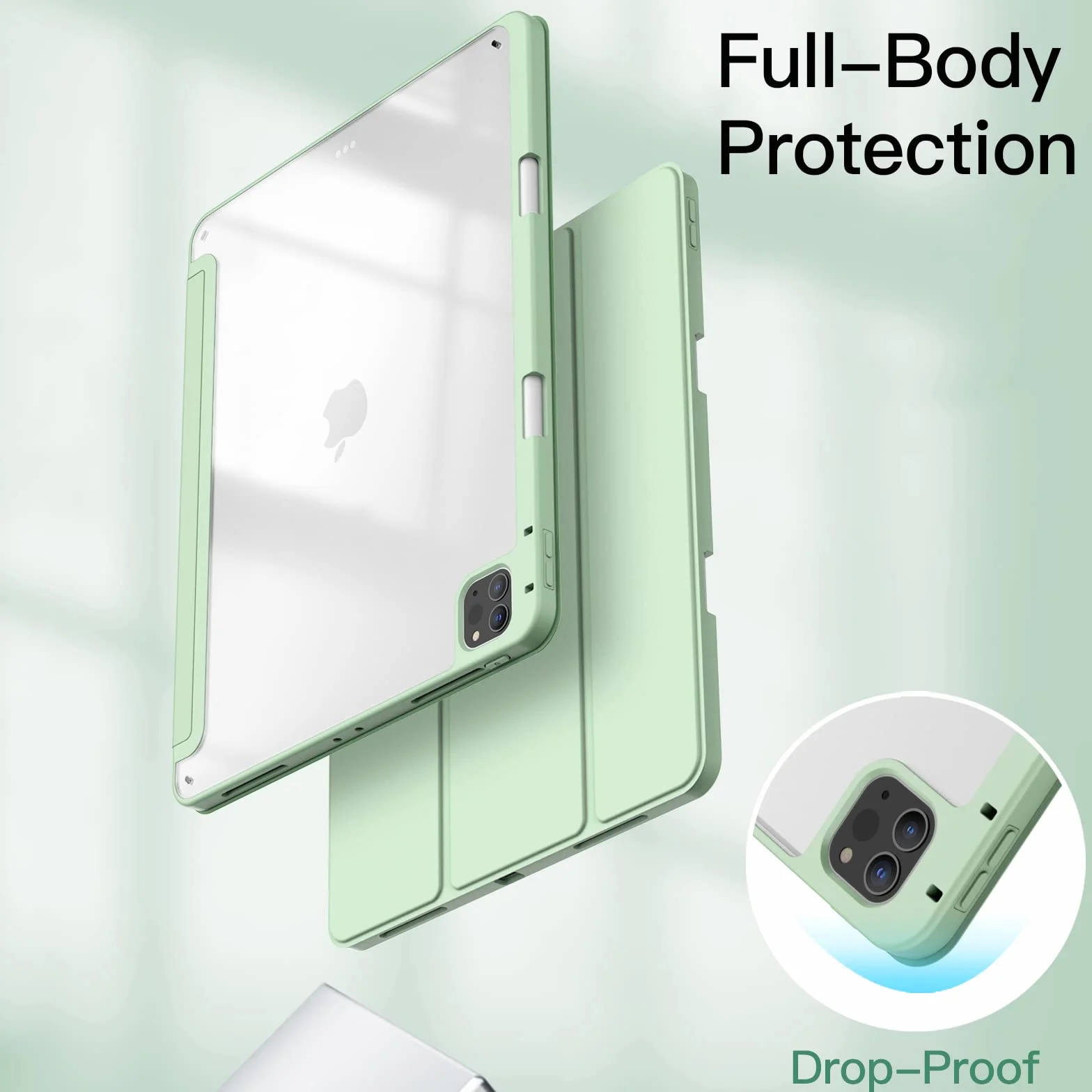 JETech Etui dla iPad Pro 12,9 Cala (2022/2021/2020/2018) z Pencil Uchwyt, Wyczyść Przezroczysty Tył Obudowa Slim Podstawkę Odporna na Wstrząsy Obudowa Tabletu Case (Matcha Zielona)
