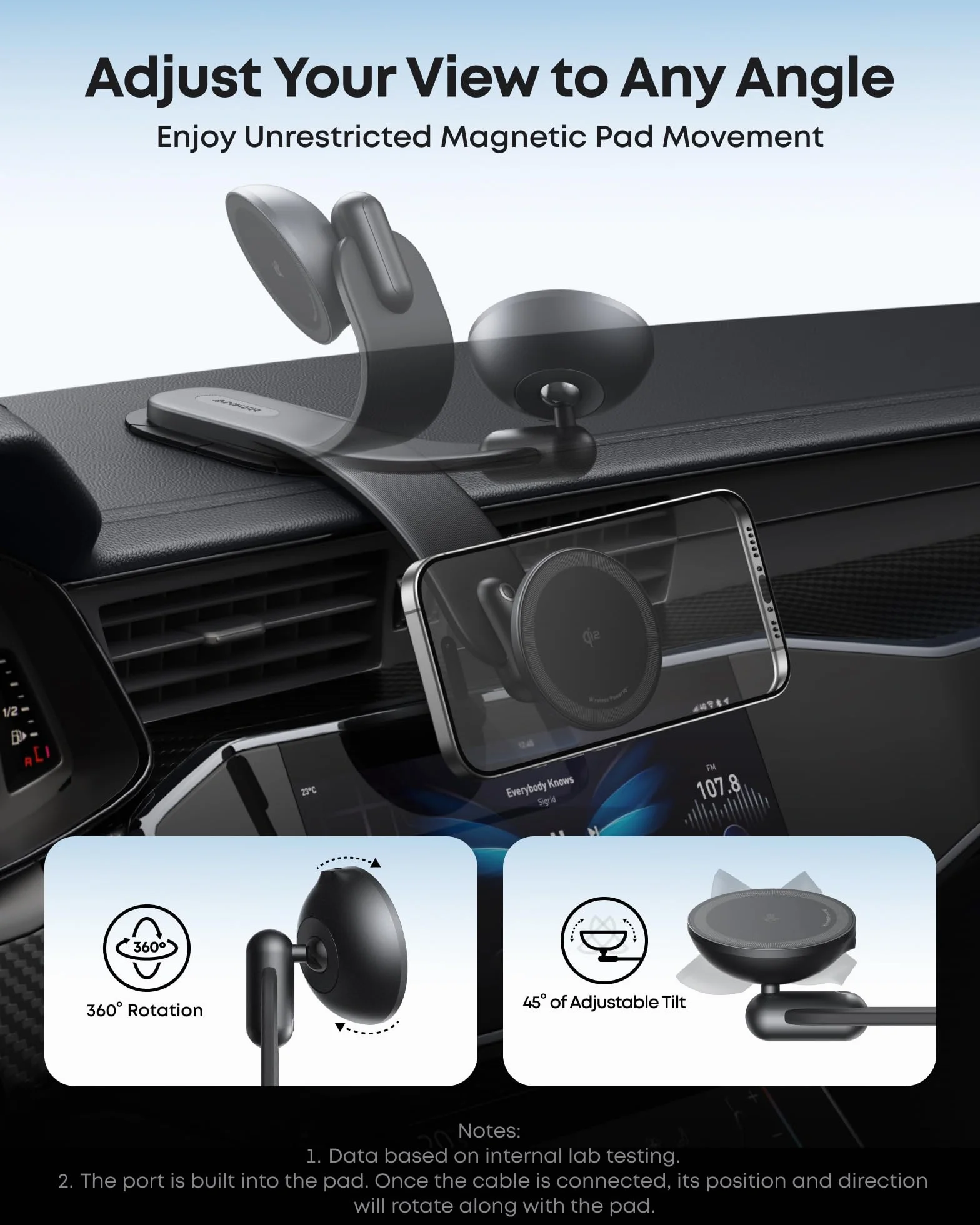 Bezprzewodowa ładowarka samochodowa Anker Nano, regulowana magnetycznie w zakresie 360°, odłączana podkładka, szybkie ładowanie Qi 15 W, solidny metalowy uchwyt, do serii iPhone 16/15/14/13/12 (z zasi | Magnetyczna ładowarka samochodowa z regulacją 360°,