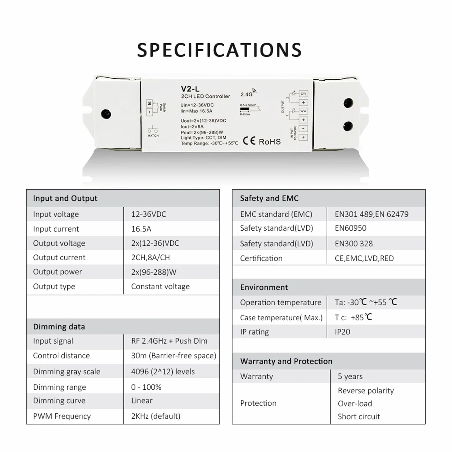 Kontroler 12V 24V 36V 2CH 16A 2,4G bezprzewodowy pilot zdalnego sterowania RF przełącznik ściemniacza LED do białych podwójnych pasków świetlnych CCT (V2-L i R7 Set)