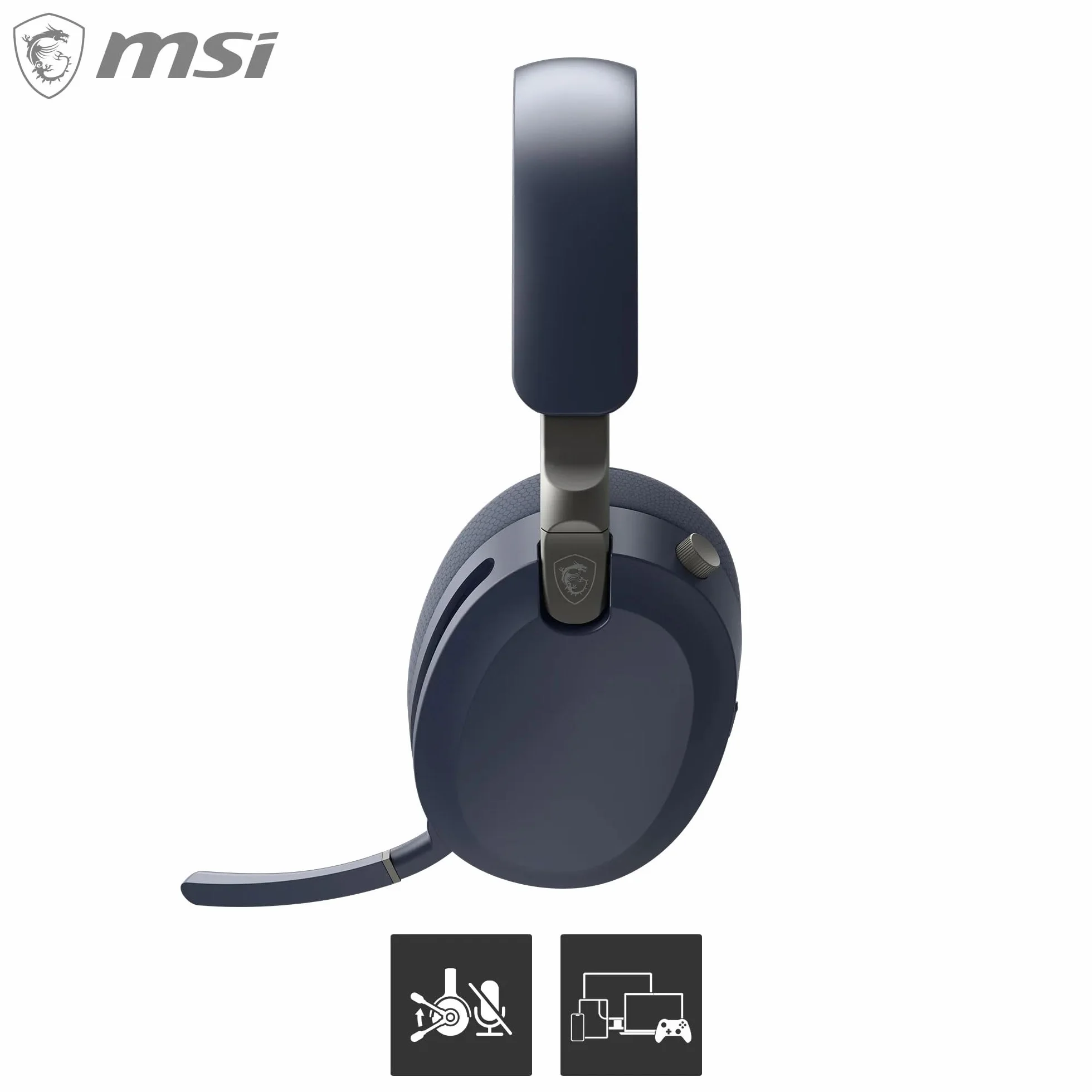 MSI MAESTRO 500 WIRELESS granatowy zestaw słuchawkowy, aktywna redukcja szumów, tryb przezroczystości, niskie opóźnienie 2,4 GHz, Bluetooth 5.4, przewodowy 3,5 mm, sterowniki 40 mm, chowany mikrofon