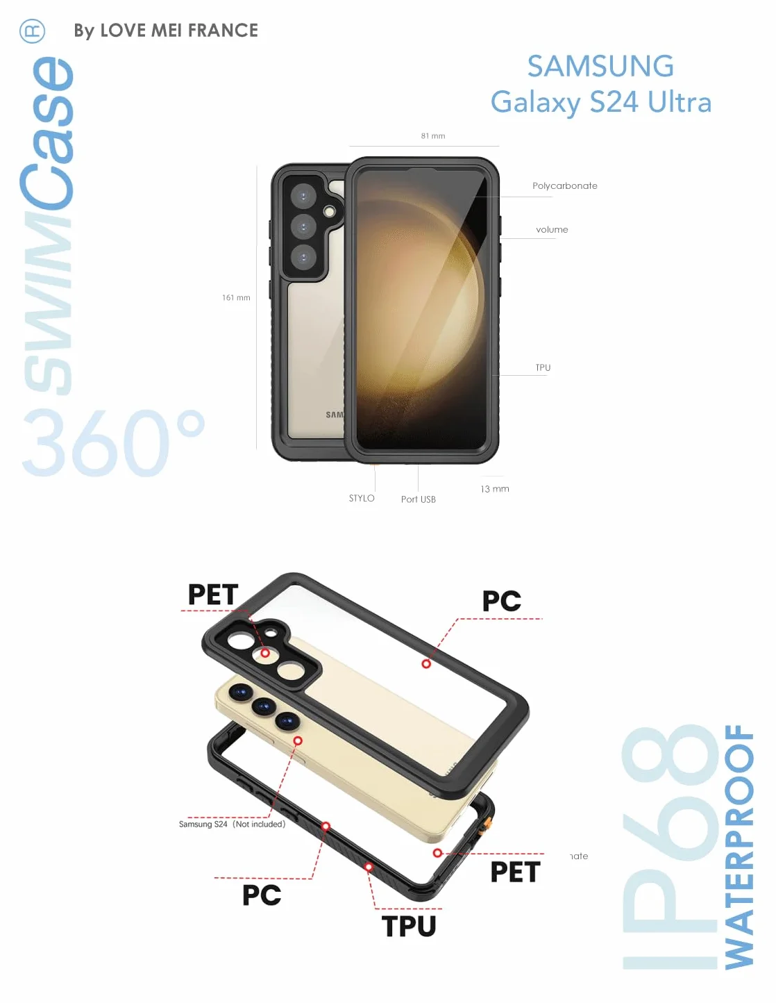 LOVE MEI Odporne na wstrząsy i wodoodporne etui do Samsung Galaxy S24 Ultra swimcase Francja