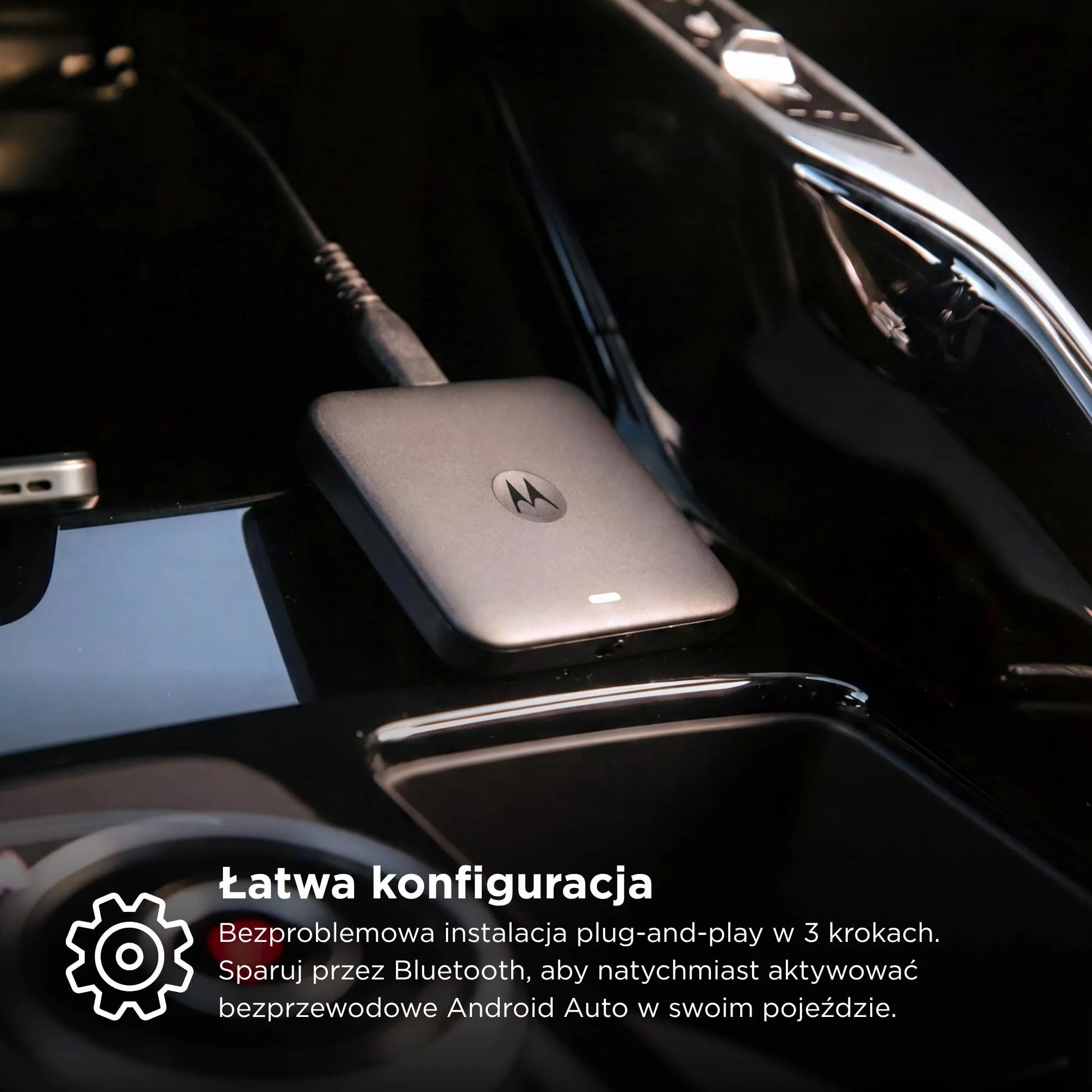 Motorola Drive MA2 adapter bezprzewodowy Android Auto – opracowany przez Google, Wi-Fi 5 GHz, automatyczne połączenie Bluetooth, USB-A i USB-C, wielopunktowe