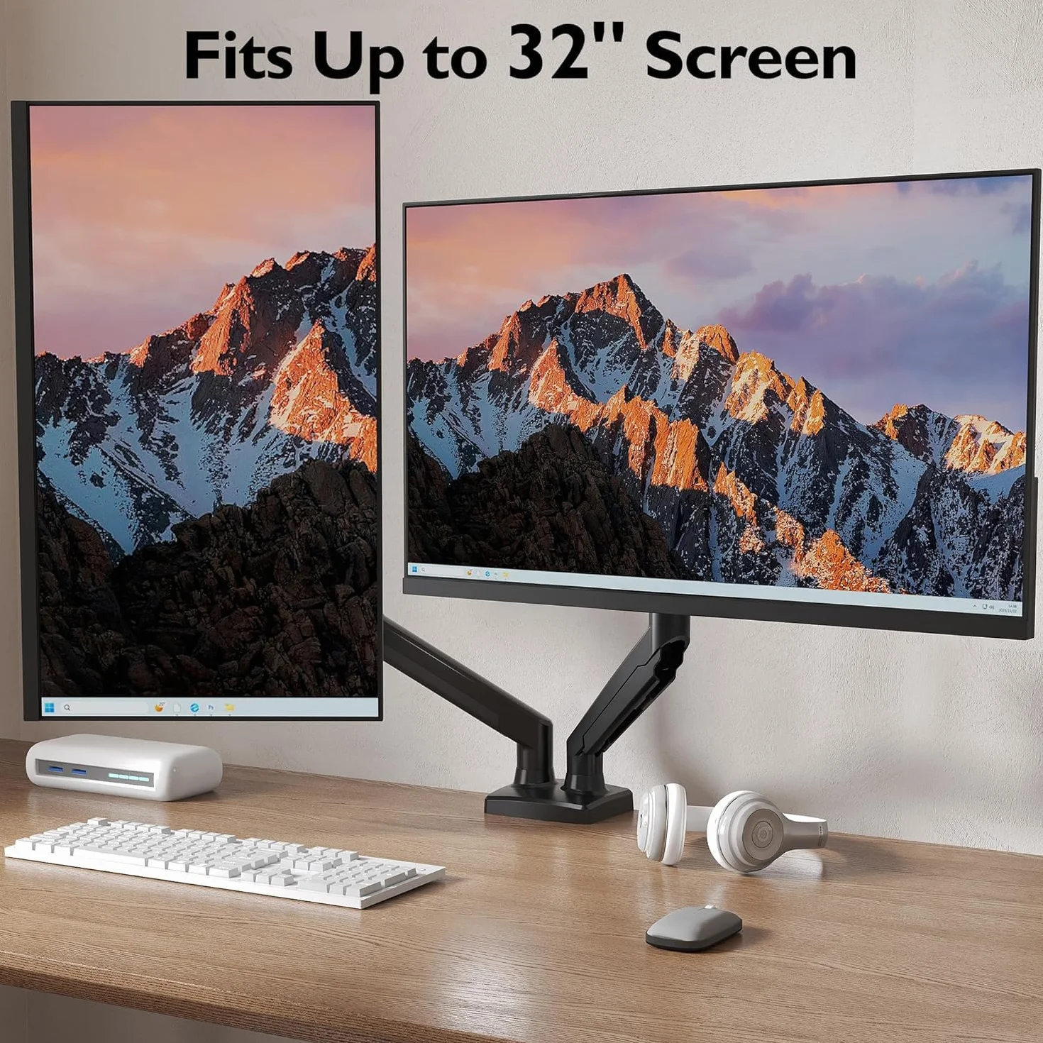 BONTEC Uchwyt biurkowy pod dwa monitory 13–32 cale, regulowany stojak z ramionami na sprężynie gazowej, odchylanie, obrót, VESA 75/100 mm, z systemem zarządzania kablami, do 9 kg na każde ramię