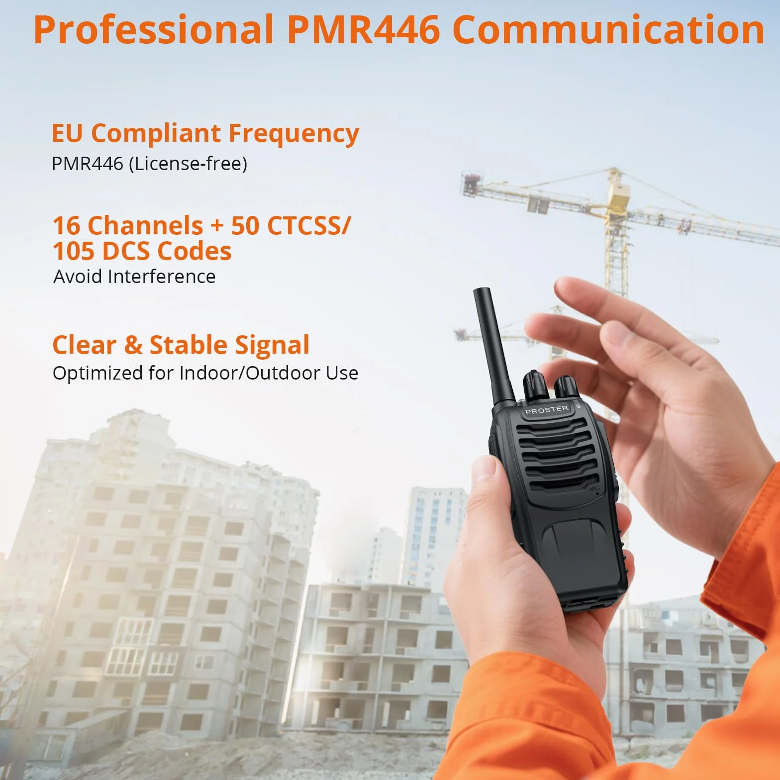 Proster Walkie Talkie 16-kanałowe radiotelefony PMR z komunikatem głosowym Akumulator z ładowarką USB i słuchawkami - czarny (2 pary)