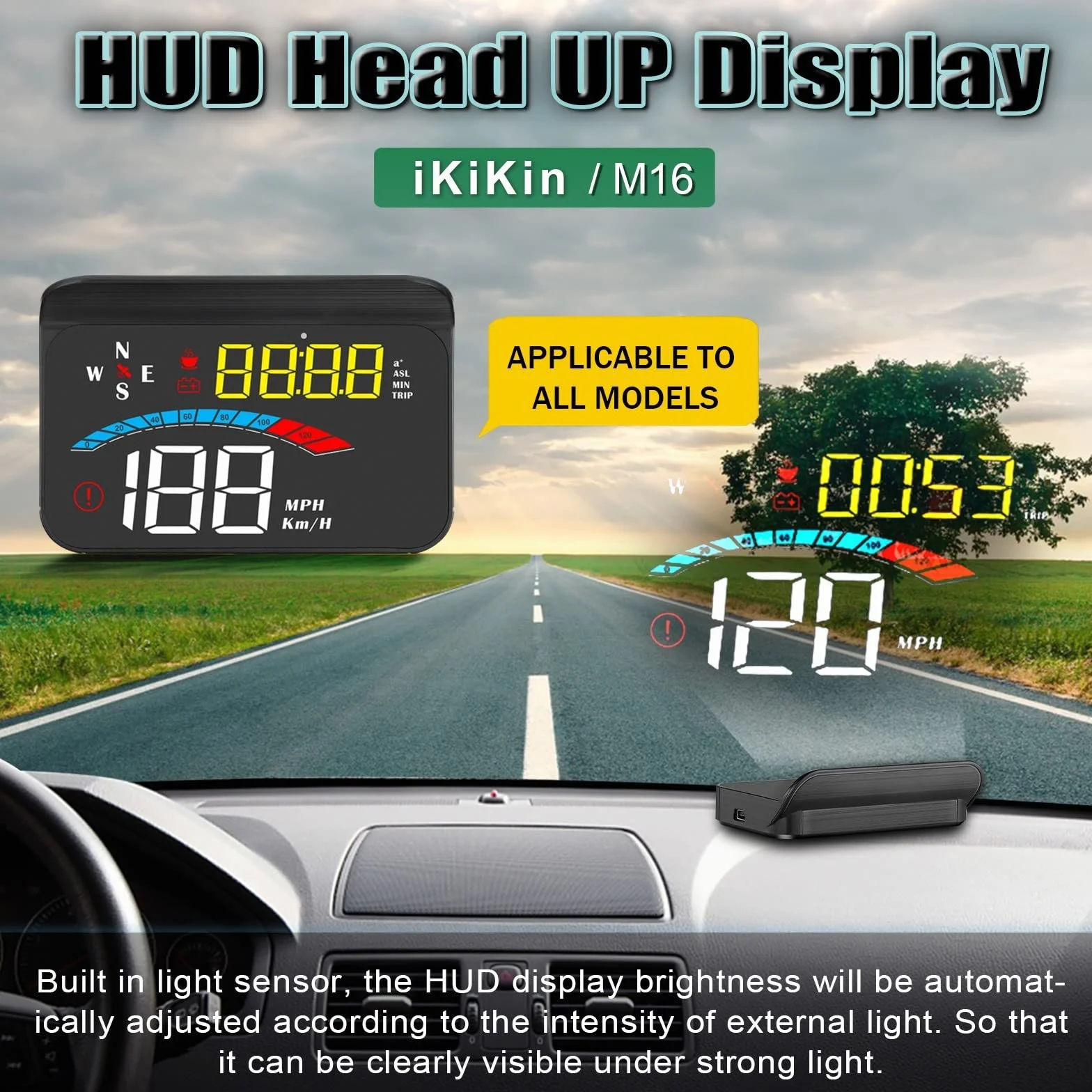 Samochodowy HUD, system GPS i KiKin HUD, zintegrowany projekt cieniowania, wyświetlacz 3,5 cala z wyświetlaniem prędkościomierza km/h MPH, kompatybilny ze wszystkimi samochodami i ciężarówkami