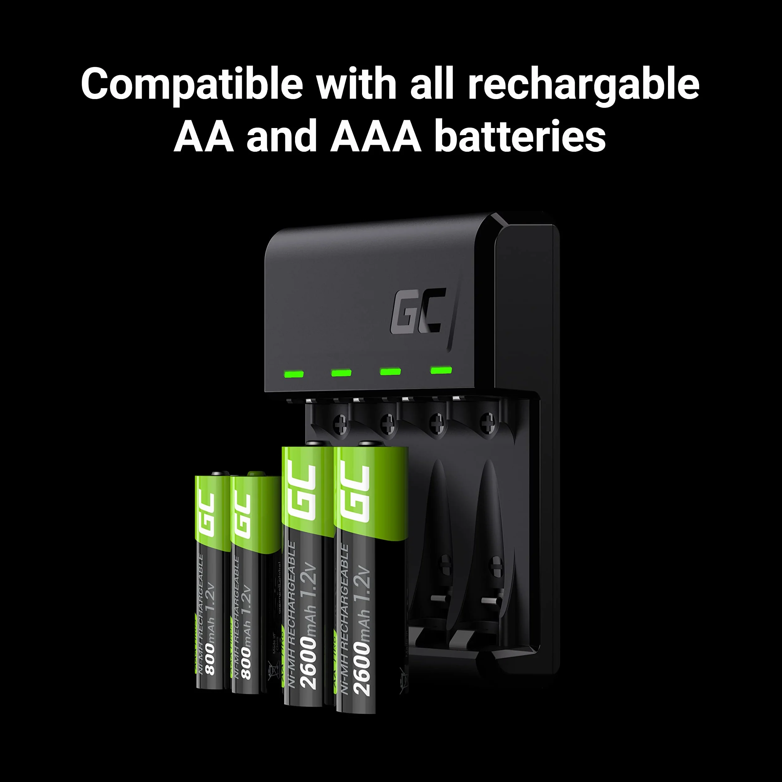 Green Cell Ładowarka akumulatorów VitalCharger Ni-MH AA R6 Mignon i AAA R03 z portami Micro USB i USB-C, 4-kanałowy system ładowania, sygnalizacja LED.