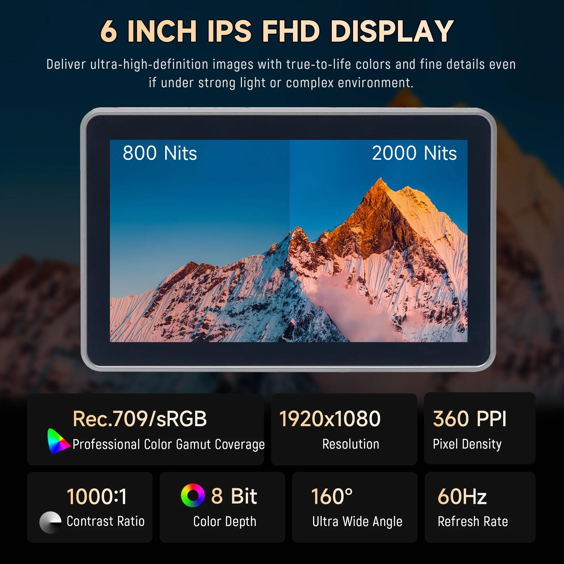 VILTROX DC-X3 2000 nits SDI Monitor pola do kamery, 4K HDMI 6" przenośny monitor wideo do kamery ekran dotykowy z i osłona przeciwsłoneczna bateria, Full HD 1920 x 1080,LUT 3D, fala, Focus Peaking