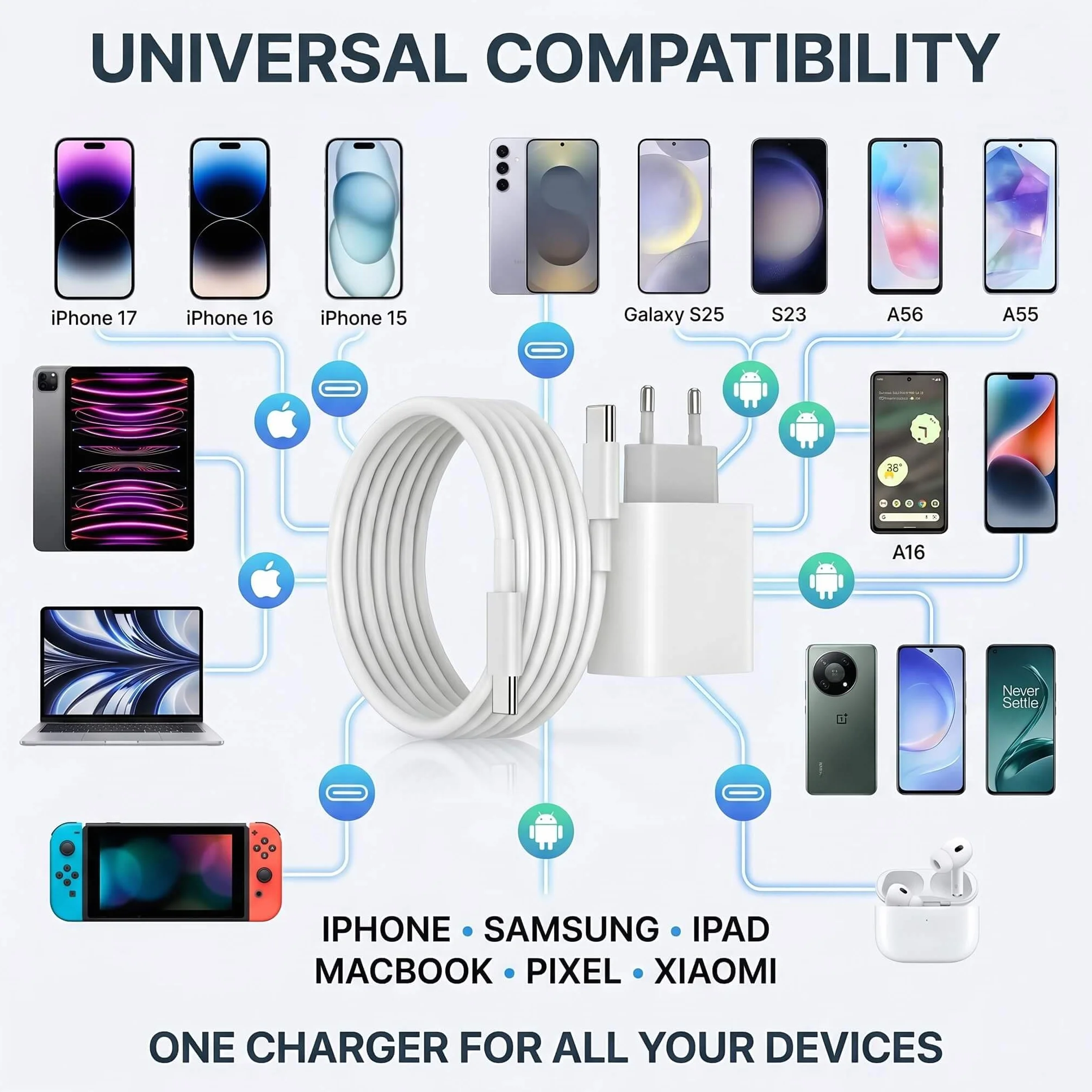 Ładowarka USB-C 25 W z kablem 1 m, zestaw 10 sztuk, szybkie ładowanie PD/PPS, biała, kompaktowa, kompatybilna z iPhone (17/16/15), Samsung Galaxy (S25/S24/S23/S22), Google Pixel, Huawei
