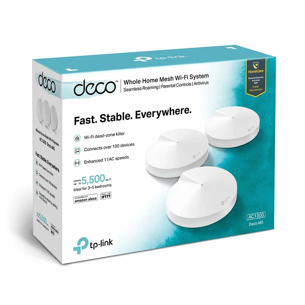 TP-Link Deco M5 Wifi Mesh, zestaw 3 jednostek do 500 ㎡, AC1300, do domów dwu- lub 3-piętrowych, z podwójną prędkością 1267 Mbps, wymień tradycyjne routery i przedłużacz Wi-Fi, kompatybilny z Alexą