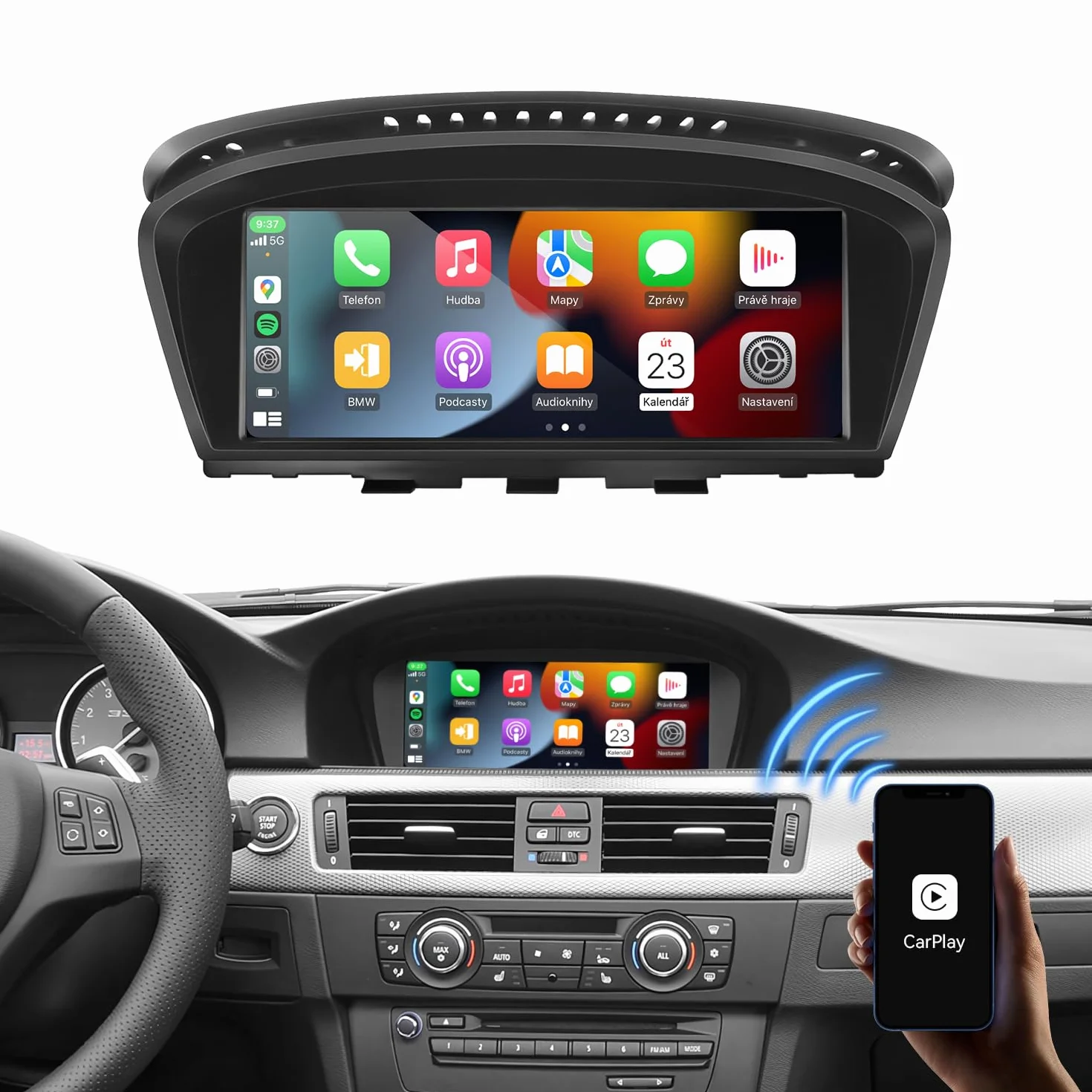 Linux Wireless CarPlay Android Auto do BMW serii 3 5 CIC System | E60 E61 E90 E91 E92 E93 2008-2013, wyświetlacz 8,8 cala, z Bluetooth, MirrorLink, kompatybilność OEM, montaż Plug & Play