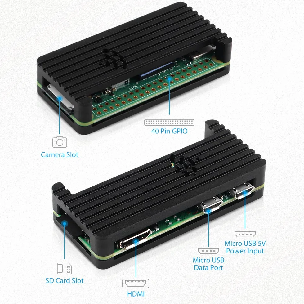 GeeekPi Case Kit dla Raspberry Pi Zero 2 W/Zero W, z RPi Zero 2 W obudową aluminiową, złączem GPIO 20-pinowym, adapterem Micro USB do OTG, kablem HDMI, RPi Zero radiatorem, kablem przełącznika ON/OFF