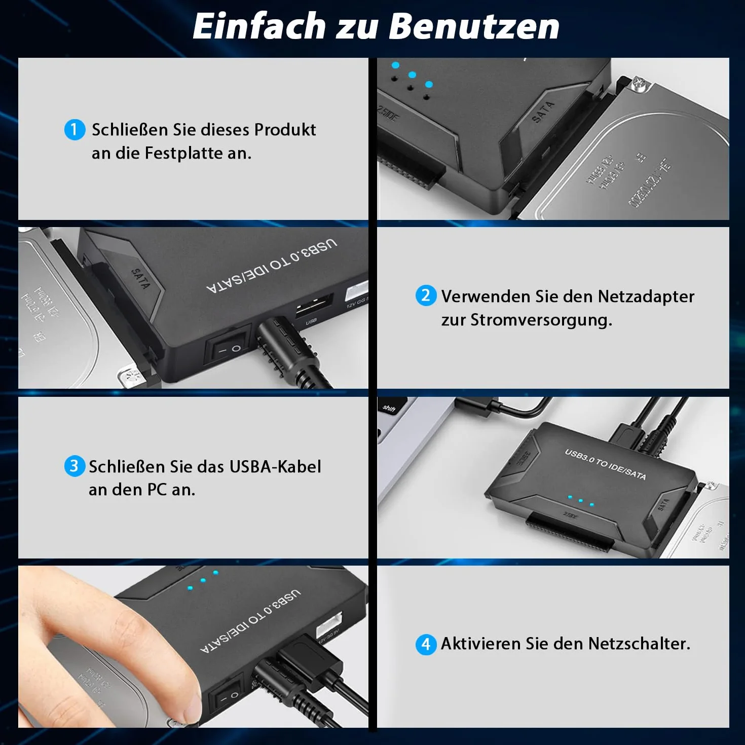 Adapter dysku twardego USB 3.0 na IDE/SATA do dysków twardych 2,5 cala i 3,5 cala HDD/SSD, adapter USB SATA Converter Kompatybilny z Windows 10/8/7/XP/Vista, Mac OS, Linux itp. (z źródłem