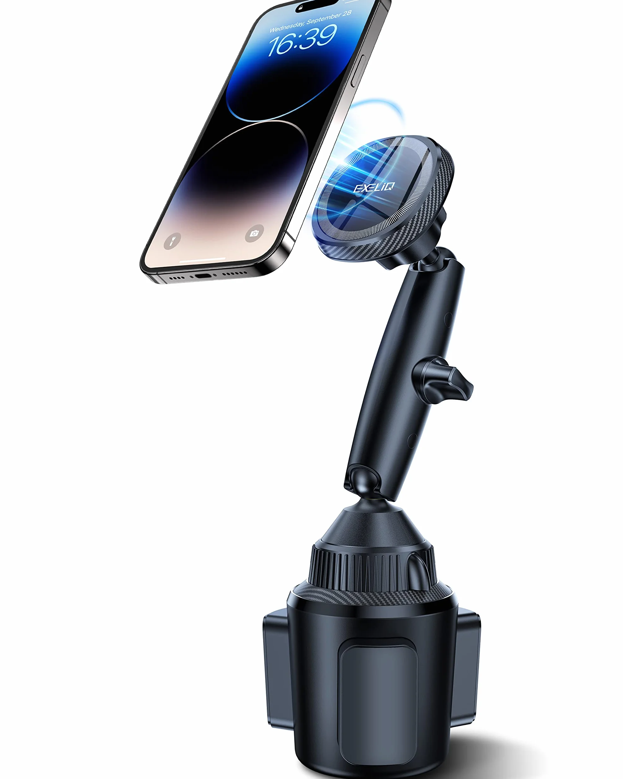 EXELIQ Magnetyczny uchwyt na kubek podstawka na telefon do Magsafe, [mocny magnes] elastyczny potrójny uchwyt na kubek na telefon do samochodu, Tesli, ciężarówki, SUV-ów, kompatybilny z iPhone 16, 15