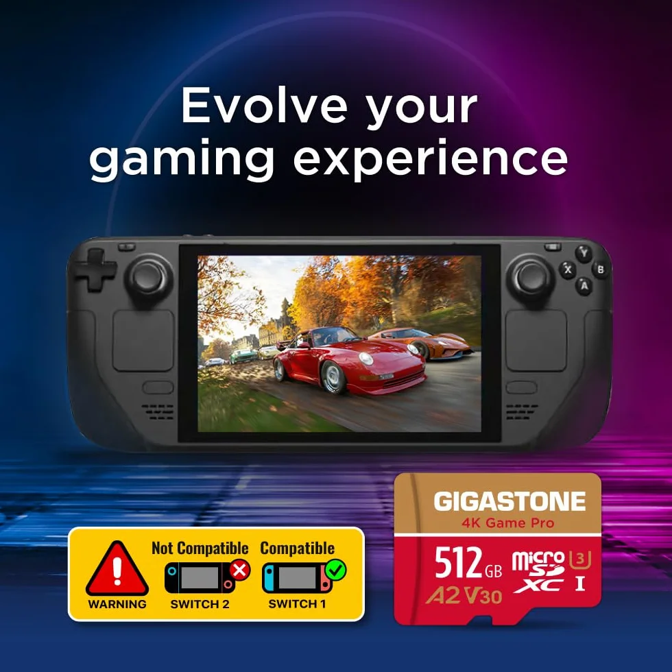 Gigastone Karta pamięci z serii 512 GB, 4K Game Pro, idealna do Nintendo Switch, duża prędkość do 100 MB/s. do 4K UHD Video Console do gier, A2 U3 V30 Micro SDXC z adapterem SD.