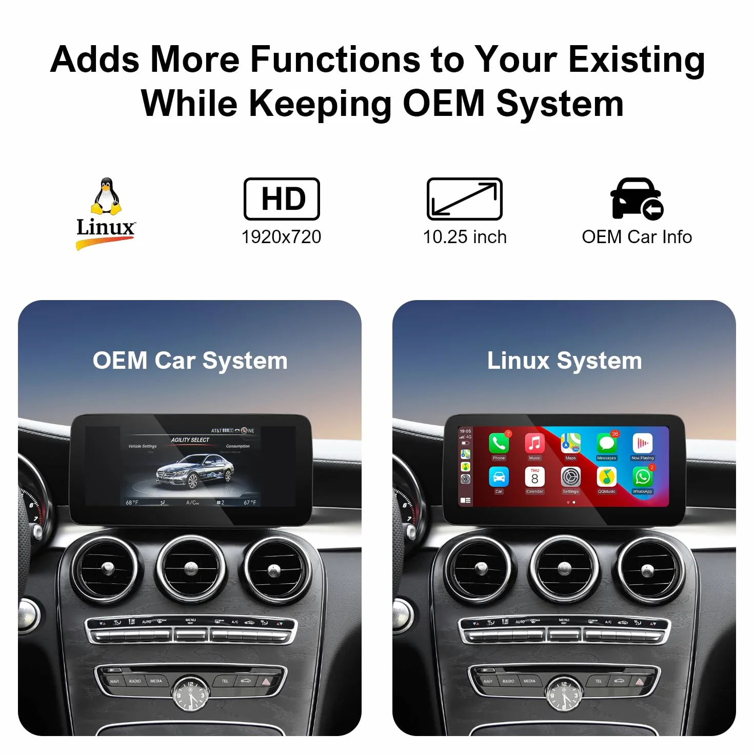 10,25" bezprzewodowy ekran dotykowy CarPlay i Android do samochodów Mercedes-Benz A/B/GLA/CLA/G klasy (W176/W117/C117/W246/W463/X156) 2015-2019, kompatybilny z systemem NTG 5.0/5.1/5.2