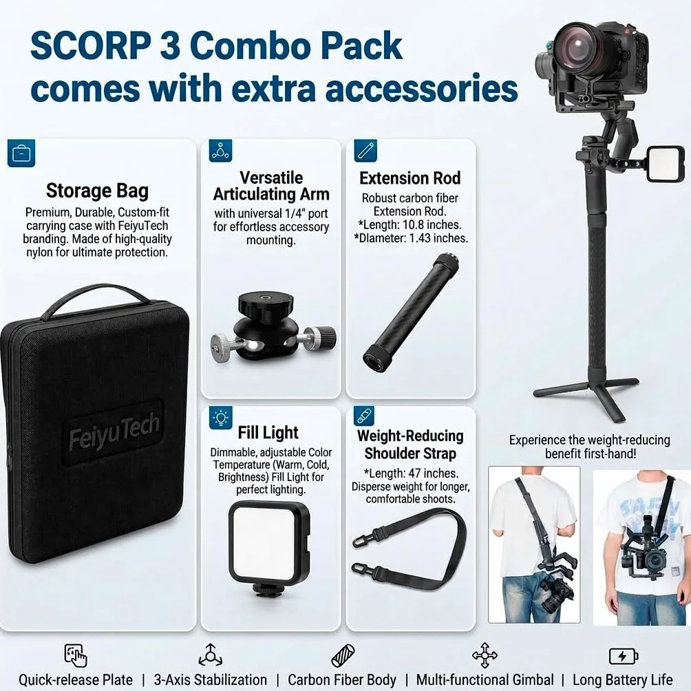 FeiyuTech SCORP 3 KIT Stabilizator kardanowy dla kamery, wbudowany śledzenie AI, stabilizator bezlusterkowca DSLR dla Sony/Canon/Nikon/Fujifilm, maks. 3.5KG/7.72lbs, ekran dotykowy, natywne pionowe