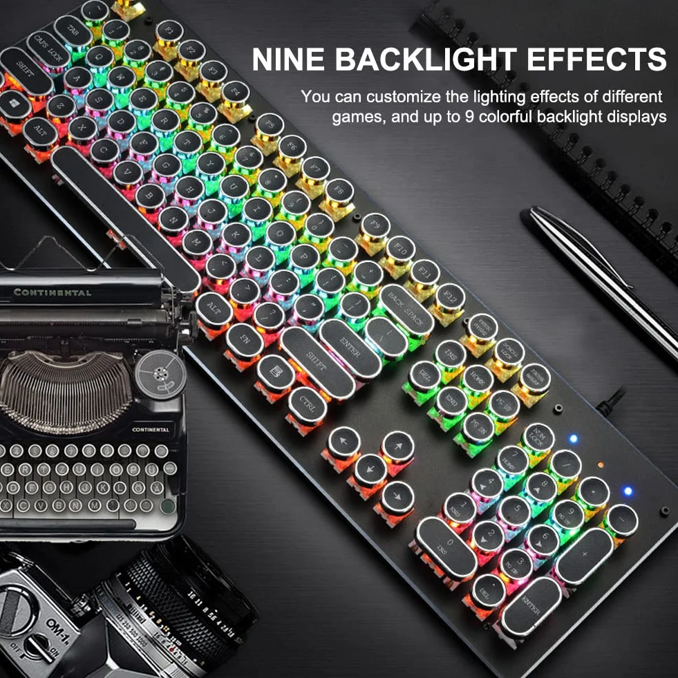 HJK920 Mechaniczna klawiatura do gier, oświetlenie RGB LED, 104 klawiszy, klawiatura retro, przewodowa, do komputerów PC Gamer Office i laptopa stacjonarnego (czarny)