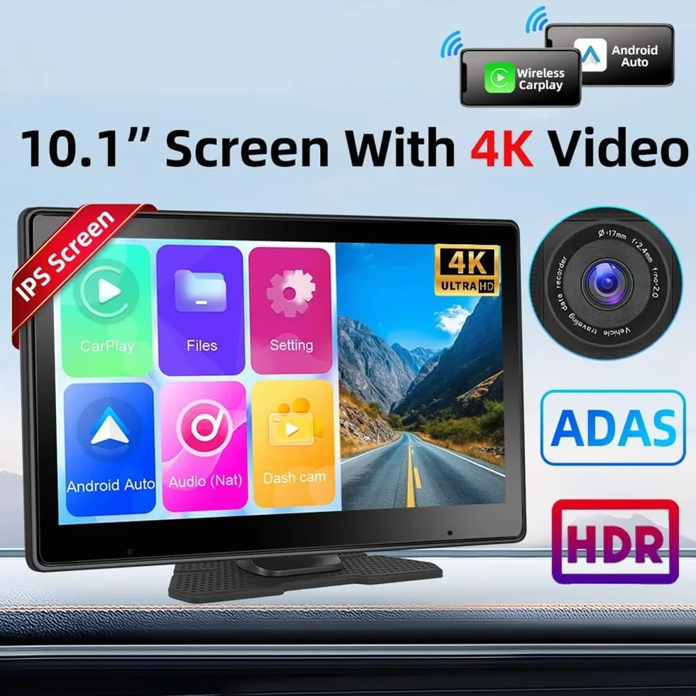 Ekran dotykowy 10,1, bezprzewodowy Carplay i Android Auto, akcesoria zamienne, przenośny samochodowy odtwarzacz multimedialny, kamera 4K DVR z kamerą