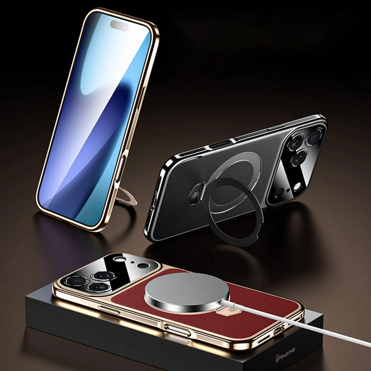 Generic etui kompatybilne z iPhone 17 Pro (kolor: czerwony) wysokiej jakości skórzany pierścień twardy tył silikonowy futerał