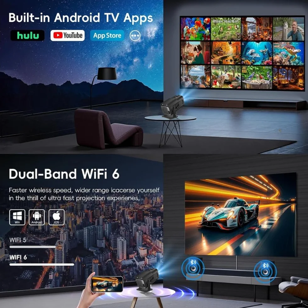 Przenośny projektor 4K Support/WiFi 6 / BT 5.4 Android TV i [aplikacja] automatyczne ustawianie ostrości, Full HD 1080P, głośniki HiFi, krótka ogniskowa, kompatybilna z HDMI/TV Stick/Gaming