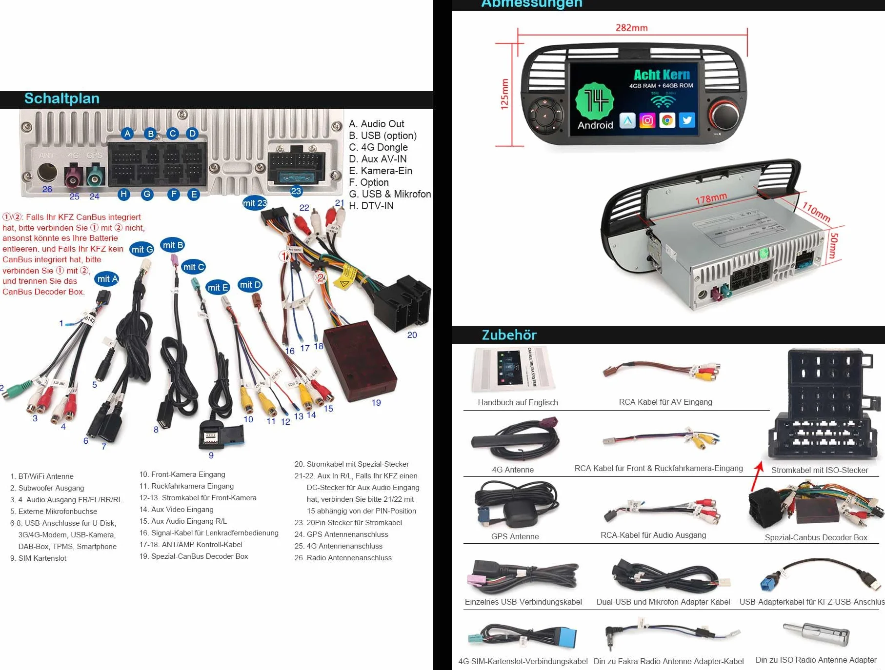 7-calowe, osiem rdzeni, 4 GB + 64 GB, Android 14 DAB+, radio samochodowe GPS do Fiata 500/500C/500S/500E z nawigacją DSP WiFi 4G Bluetooth 5.0 RDS, Canbus, sterowanie kierownicą, obsługuje CarPlay