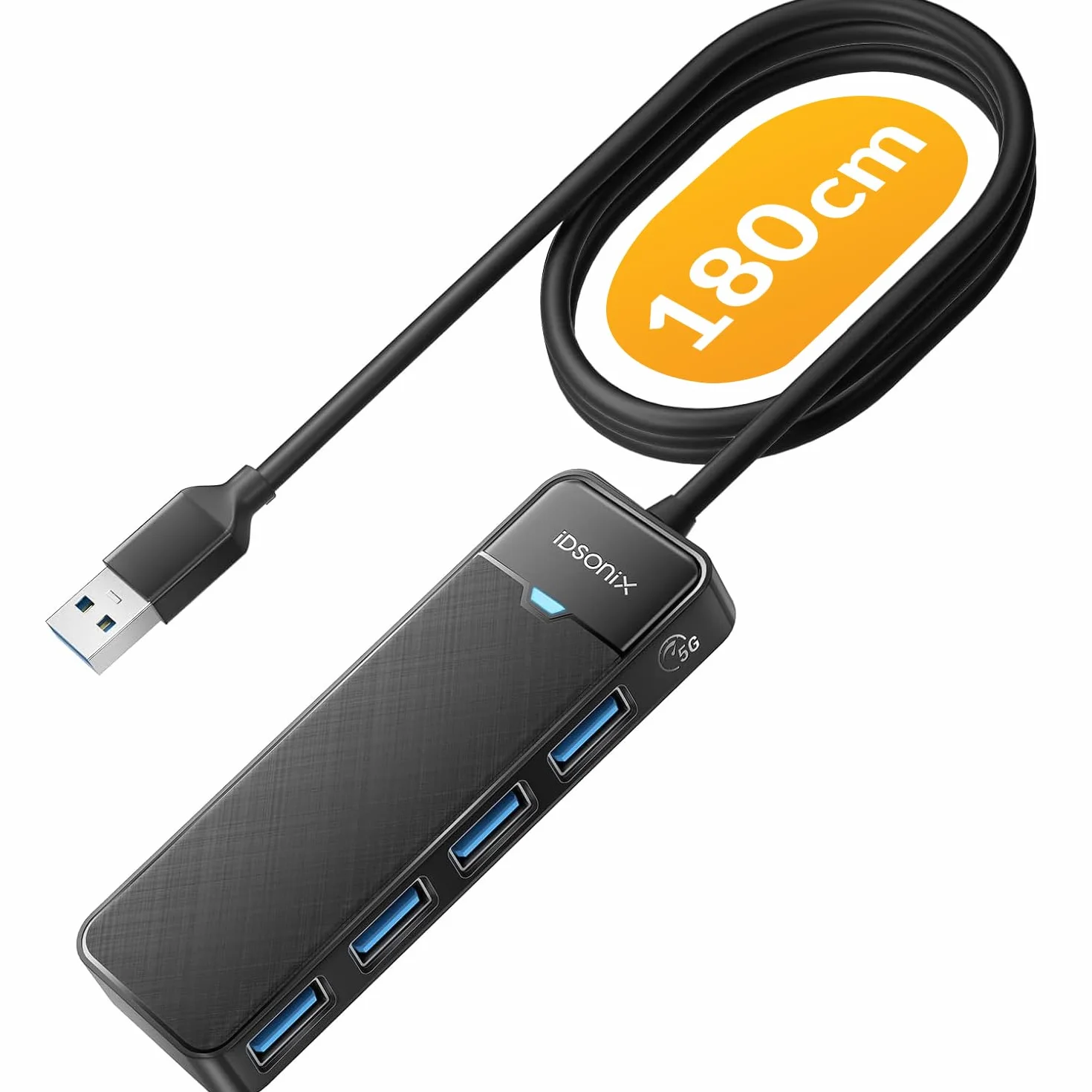 iDsonix Hub USB 3.0 z rozszerzonym kablem o długości 180 cm, 4-portowy hub USB 3.0, ultra cienki rozdzielacz USB, adapter wieloportowy do laptopa, komputera, MacBooka, pendrive'a, czarny