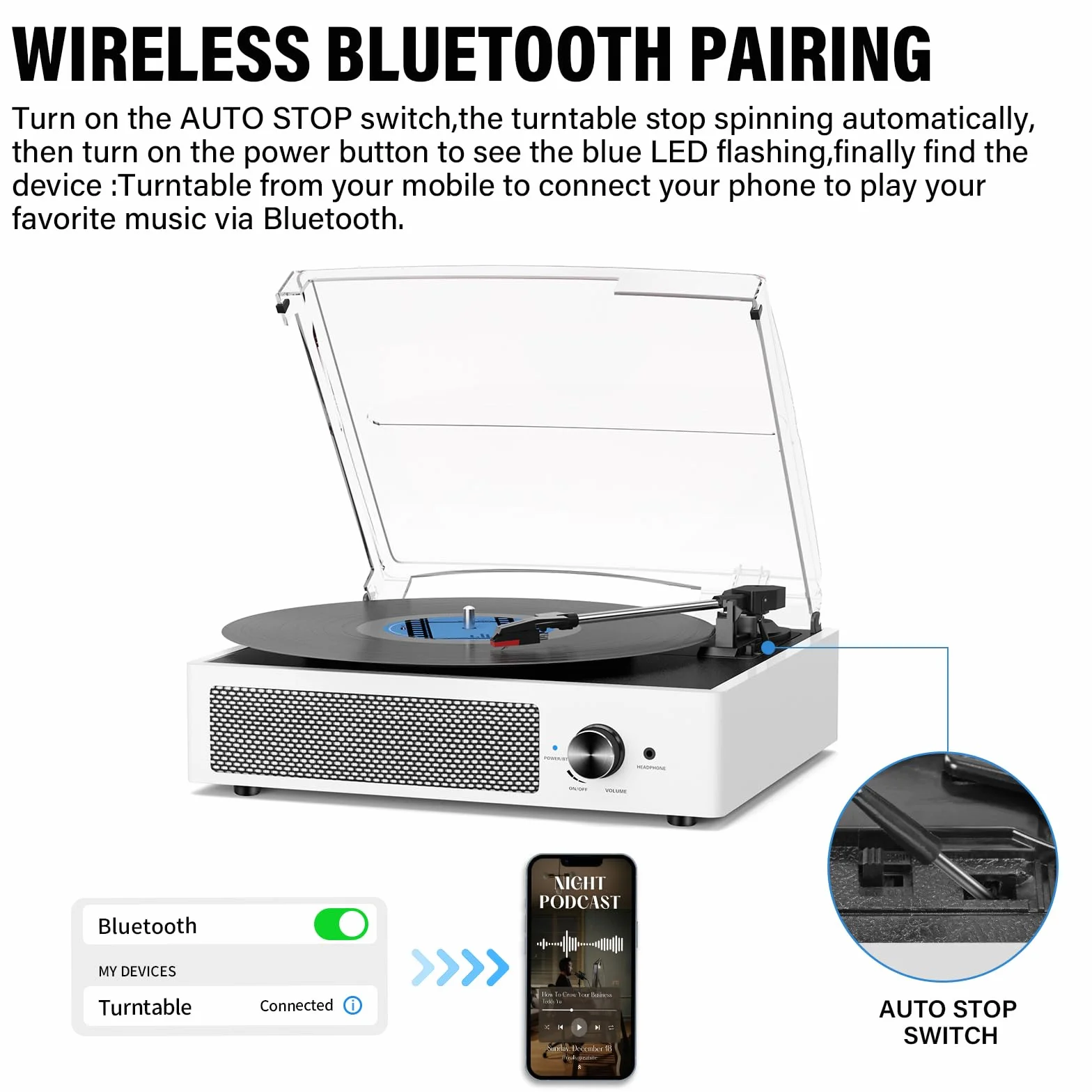 Odtwarzacz płyt winylowych z 2 głośnikami stereo, napędzany pasem, gramofony vintage, 3 prędkości, 3 rozmiary, bezprzewodowe odtwarzanie Bluetooth, wejście AUX, wyjście RCA, słuchawki, odtwarzacze