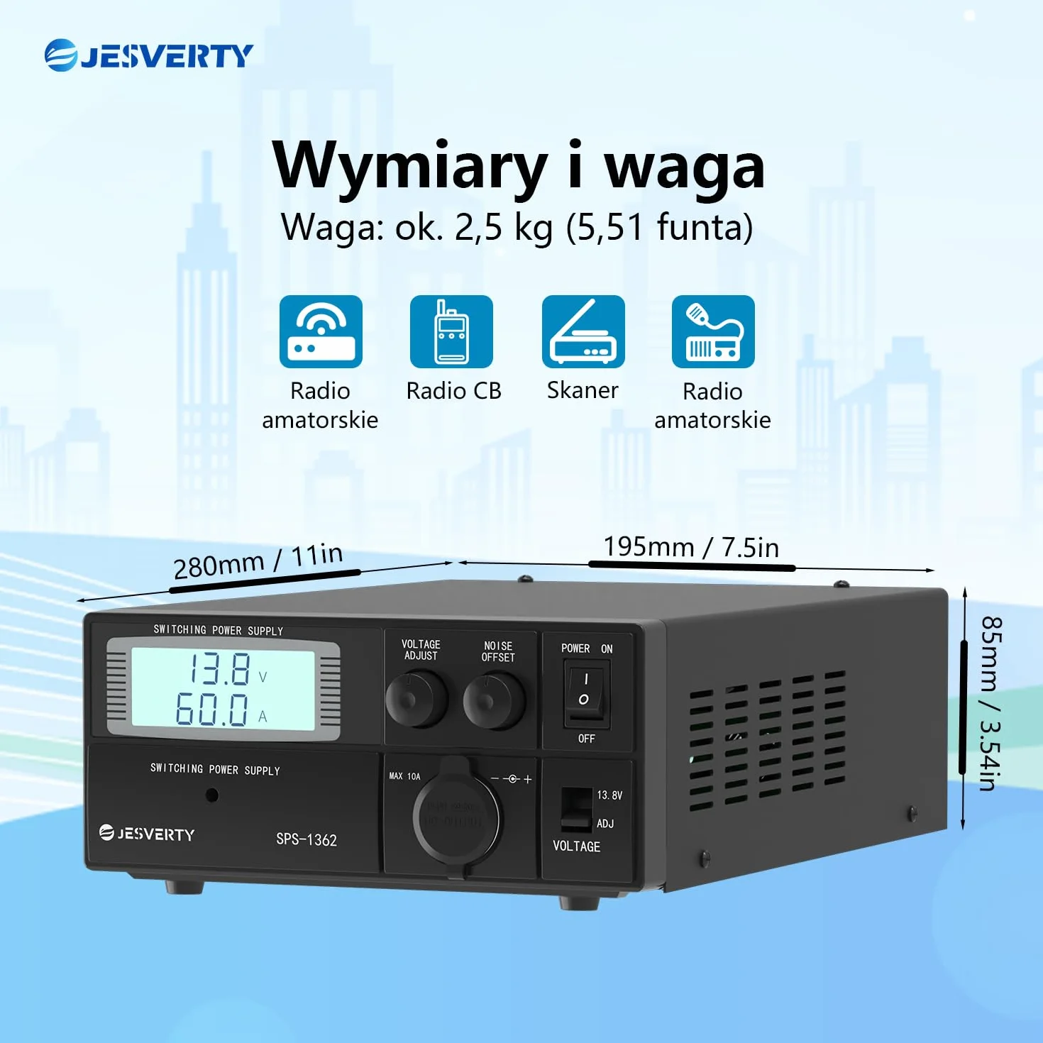 Uniwersalny kompaktowy zasilacz laboratoryjny-Convertidor de CA a CC de 60A, salida ajustable de 9 a 15V (fija conmutable de 13,8V),conectores Anderson,compensación de ruido, USB-C Jesverty SPS-1362