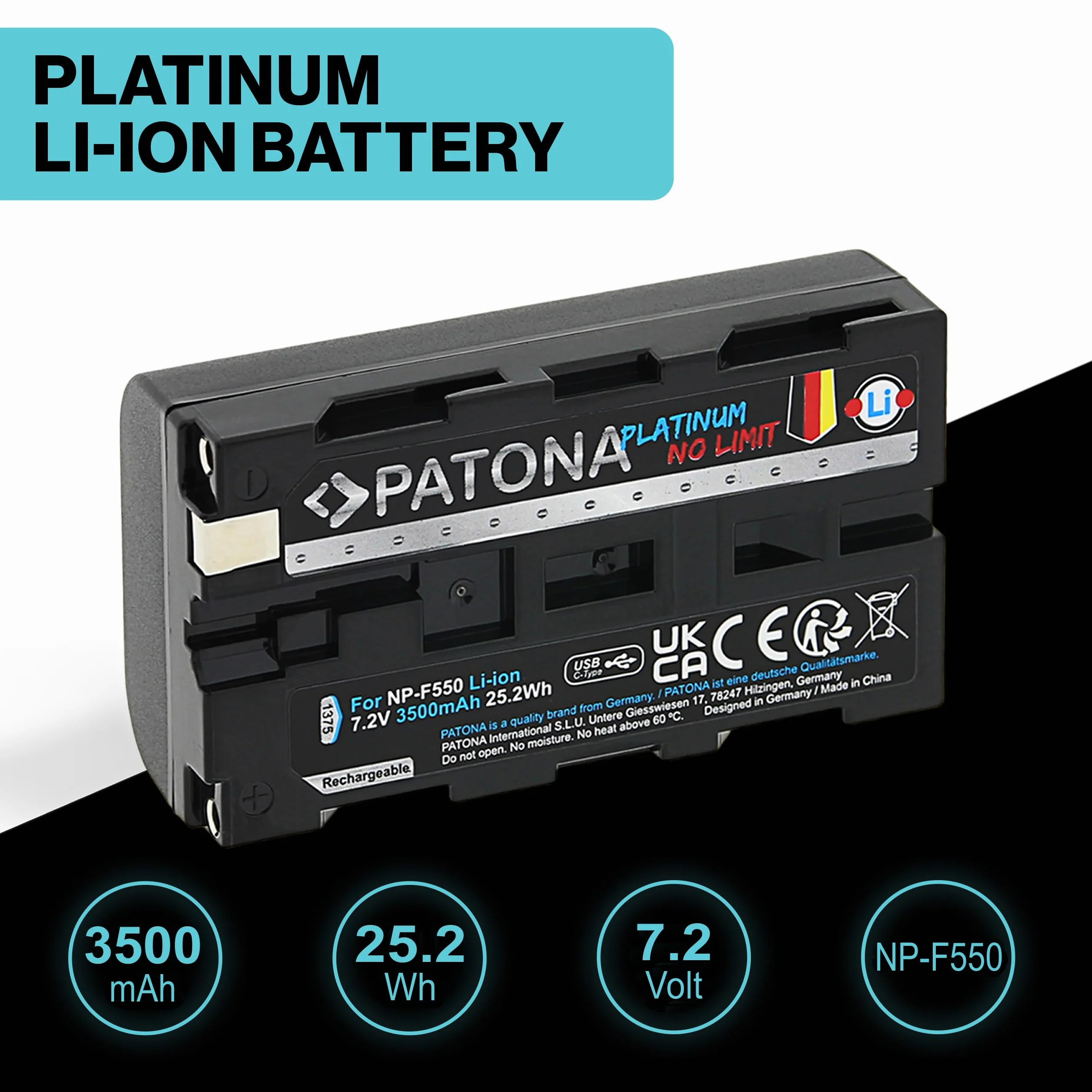 PATONA 2X USB-C Platinum Akumulator do Sony NP-F550 F730 F750 F930 F950 | Akumulator zamienny do kamer, wskaźników LED, oświetlenia, lamp wideo, monitorów kamer i rejestratorów