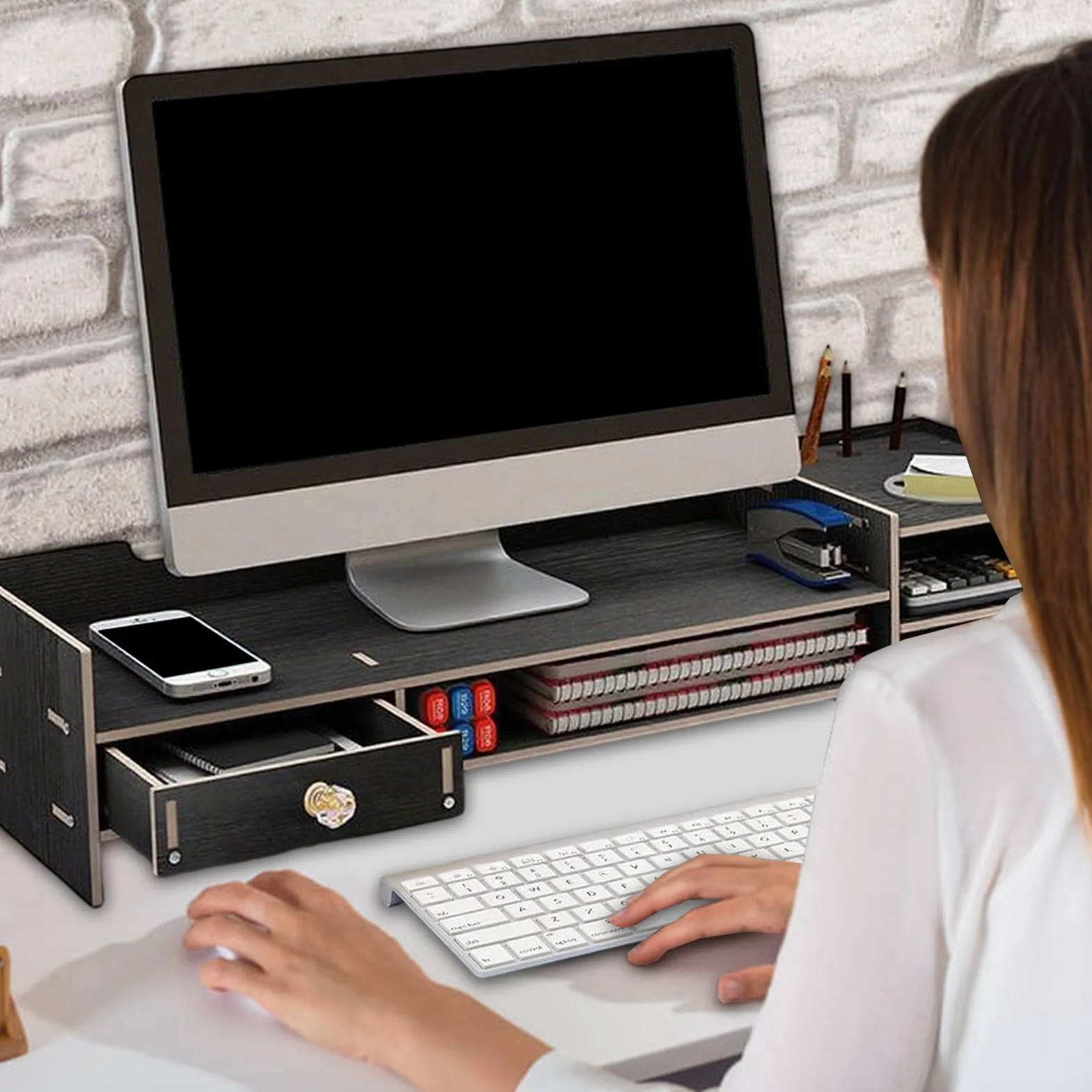 Podstawka Pod Monitor Biurkowy Drewniana Podstawka Na Biurko Pod Monitor | Organizer Na Akcesoria Do Domowego Biura Komputer Laptop Drukator Przybory Szkolne