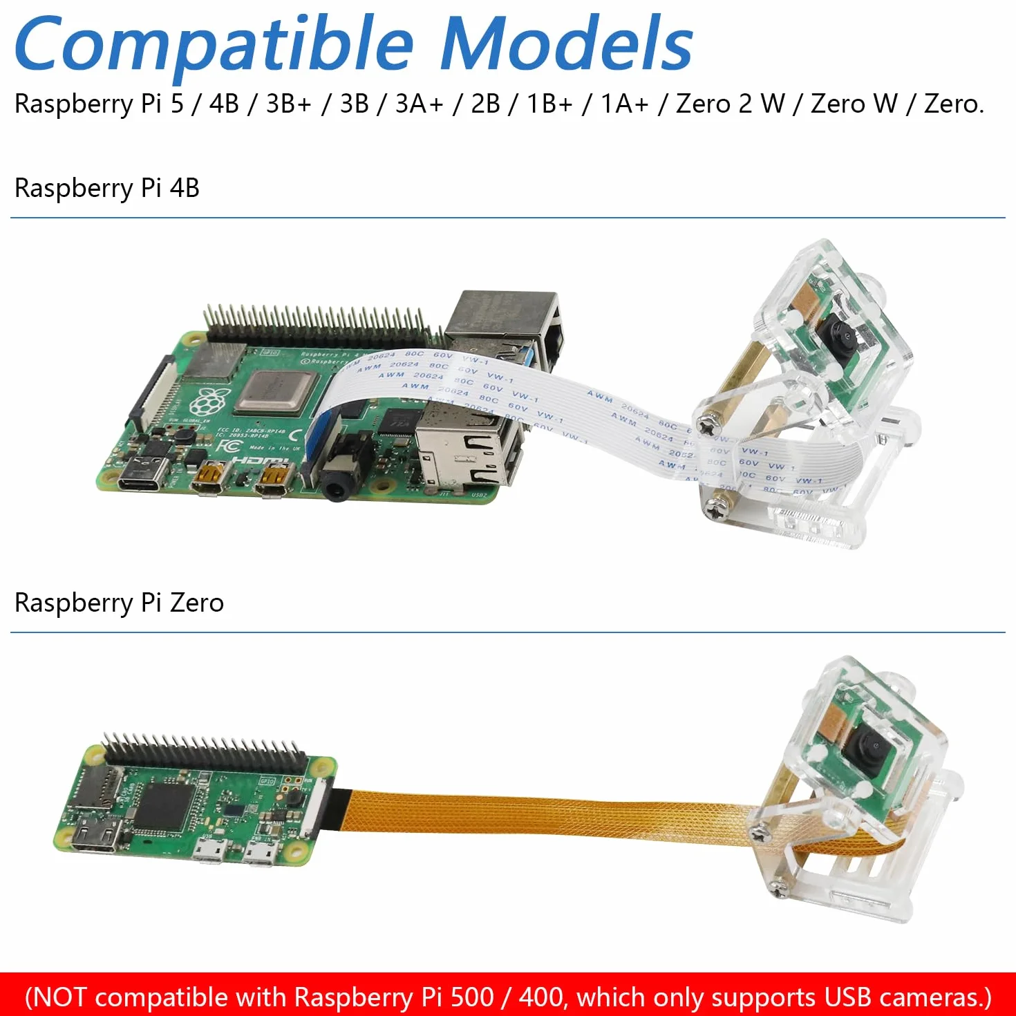 Freenove 5MP Camera for Raspberry Pi 5 4 B 3 B+ A+ Zero 2 W with Adjustable Holder and Ribbon Cable, 62° Viewing Angle, 1080P 720P Output