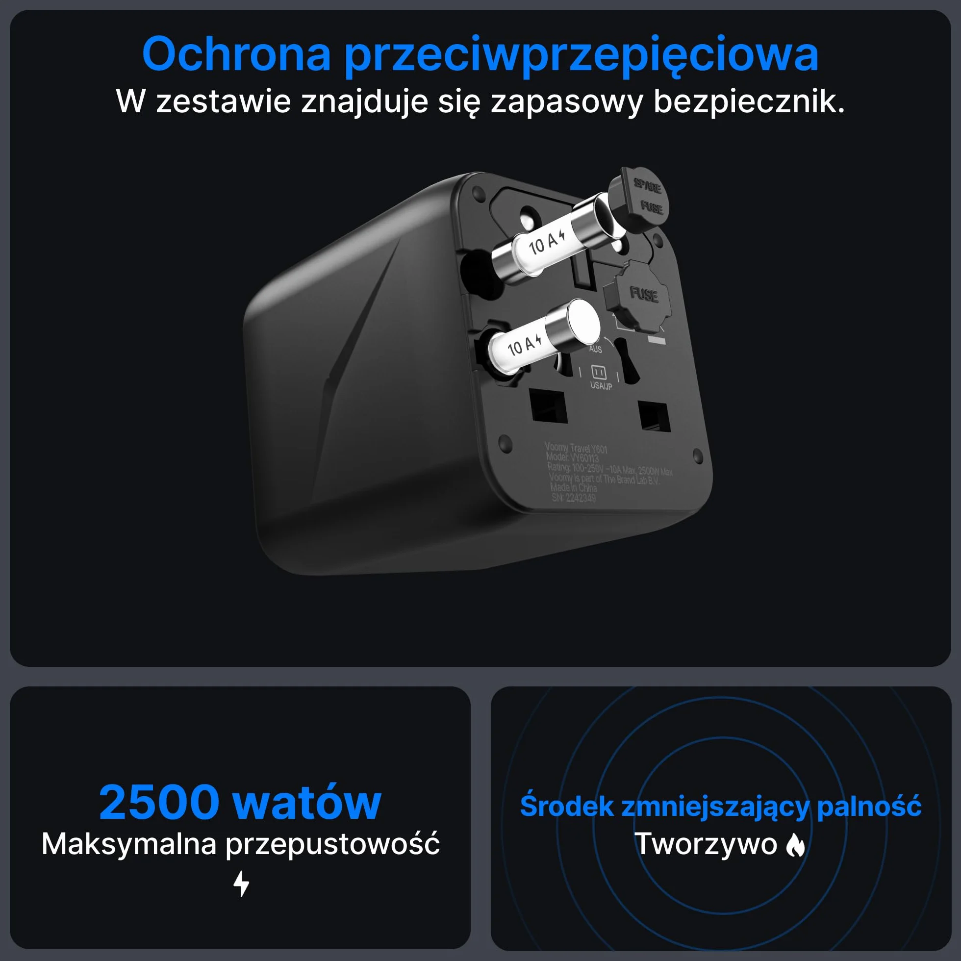 Voomy Uniwersalny Adapter Podróżny – 200+ Krajów w tym UK, USA, Japonia, Tajlandia & Australia, 2500W Ochrona Przeciwprzepięciowa, Kompaktowy Design