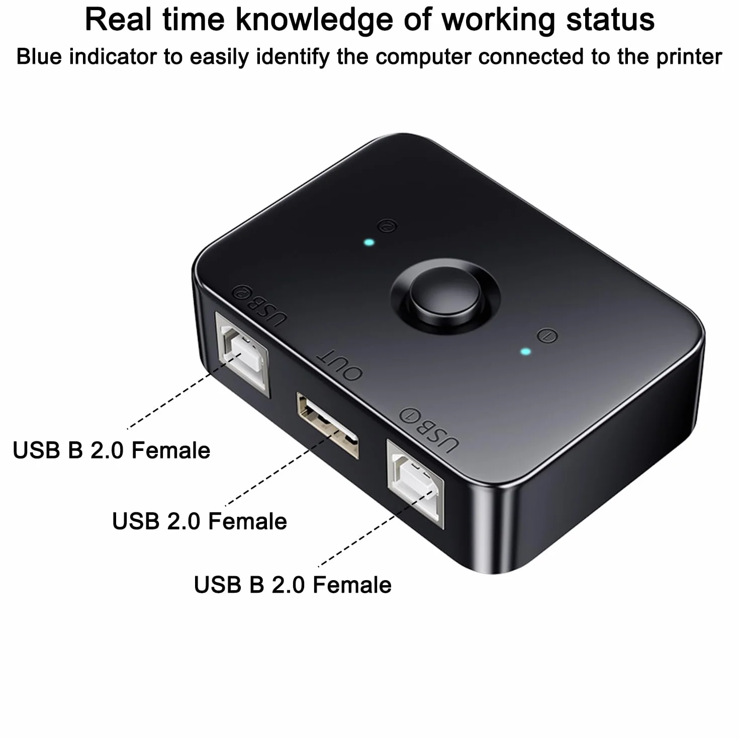 QIANRENON USB2.0 Printer Sharing Switch 2 porty USB B przełącznik drukowania, adapter 2 części komputerowe, 1 drukarka, przełącznik ręczny, ze światłem LED, w zestawie 2 x kabel USB 2.0 do drukarki