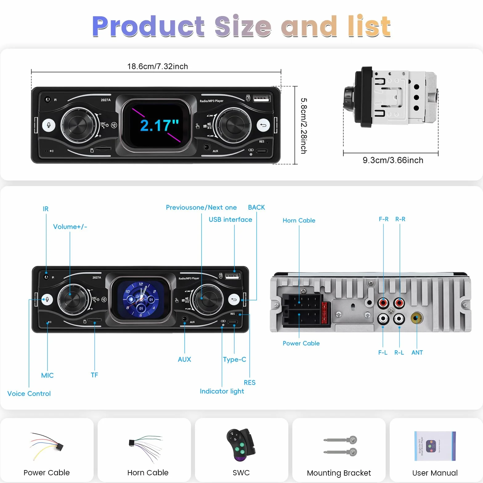 Inefala Radio samochodowe 1 DIN, radio 1 DIN z radiem FM, Bluetooth, EQ, SWC, USB-A&C, wejście AUX, złącze kart TF, zestaw głośnomówiący