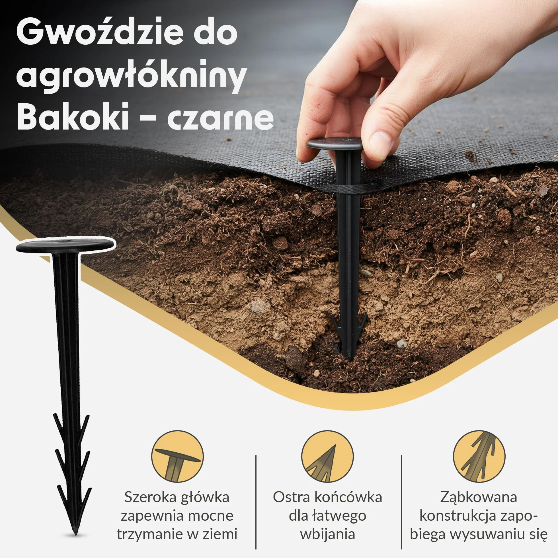 Kotwa gruntowa z tworzywa sztucznego, 50 x – śledzie odporne na promieniowanie UV, żebrowana konstrukcja i haczyki, szeroka główka, idealna do włókniny przeciw chwastom, geowłókniny, mulczu
