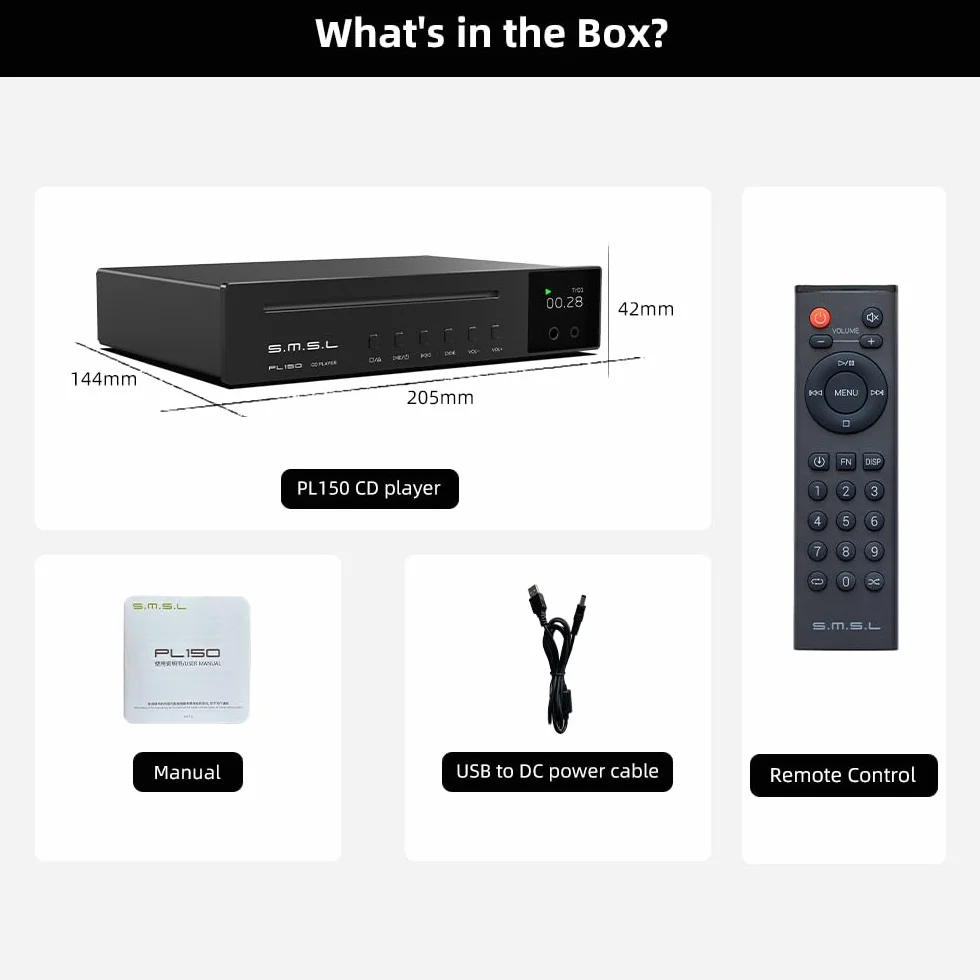 SMSL PL150 CD, wydajny procesor CS43198, wyjścia RCA/3,5 mm i 4,4 mm, do słuchawek / optycznych/koncentrycznych, do pojazdu/laptopa/telewizora/komputera (srebrny)