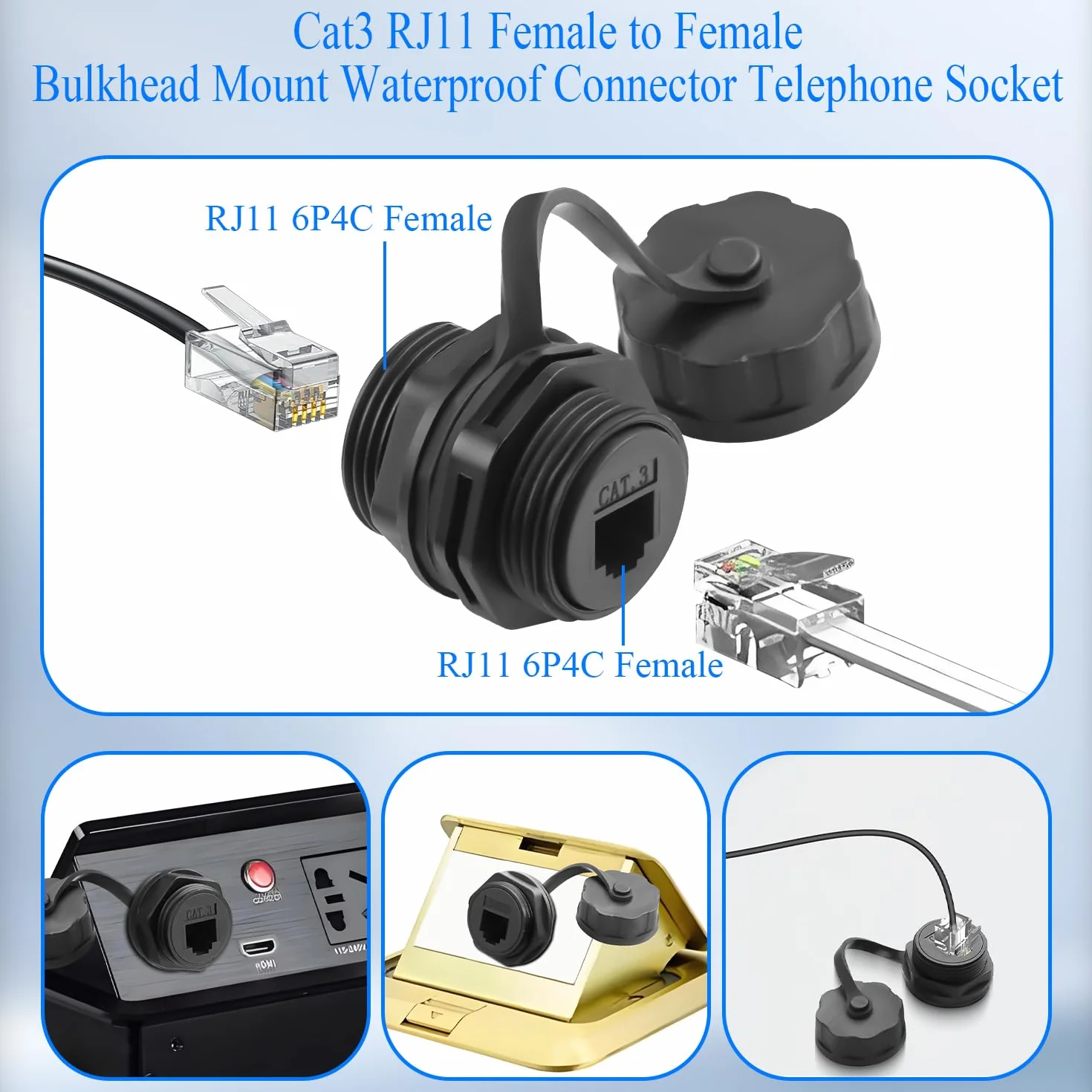 QIANRENON Cat3 RJ11 gwintowany stały wodoodporny adapter RJ11 6P4C żeński na żeńskie złącze telefoniczne złącze do montażu na panelu przednie gniazdo IP68, do modemu faksu głosowego