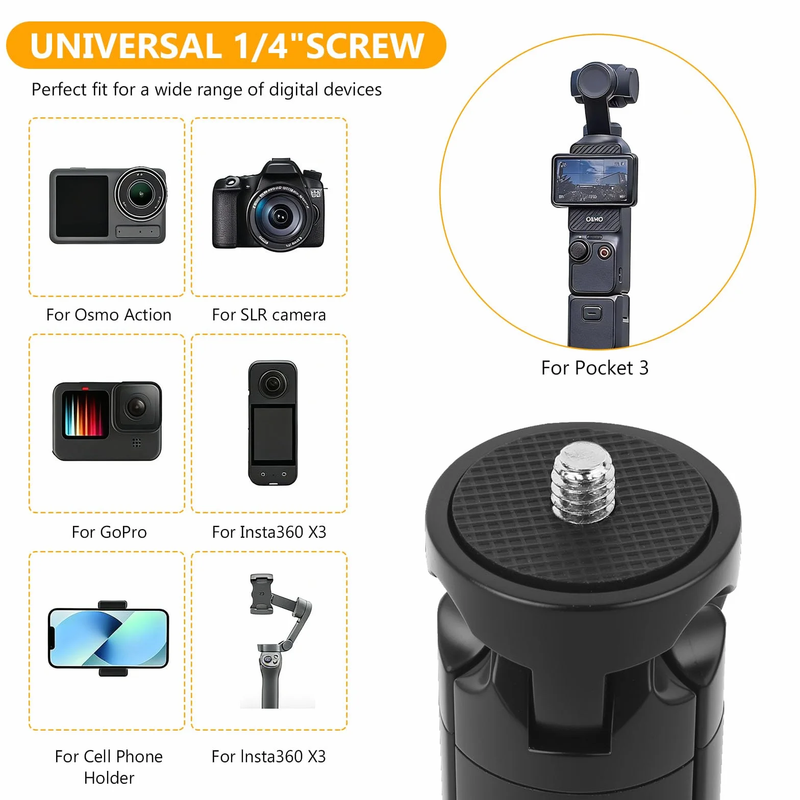 Mini statyw, statyw stołowy, aluminiowy kijek do selfie ze statywem, kompaktowy stojak na kamerę sportową na biurko dla DSLR, kamer sportowych, Insta360, DJI Osmo Action, stojak na kamerę