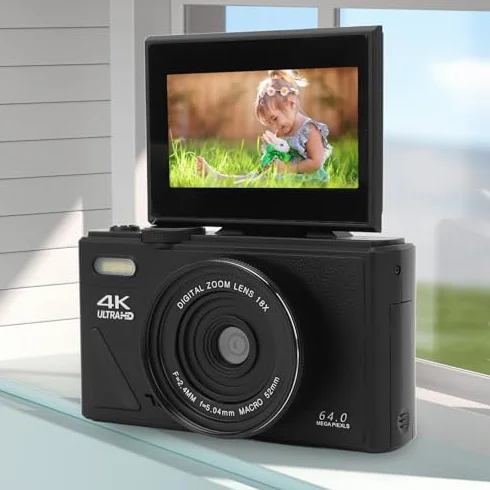 Aparat Cyfrowy 4K, 64MP UHD 18x Zoom Autofocus Retro Kompaktowy Aparat Cyfrowy z 3 calowym Ekranem i Bilansem Białym, Rejestrator Wideo 4K do Fotografii Podróży Vlogging (BLACK)