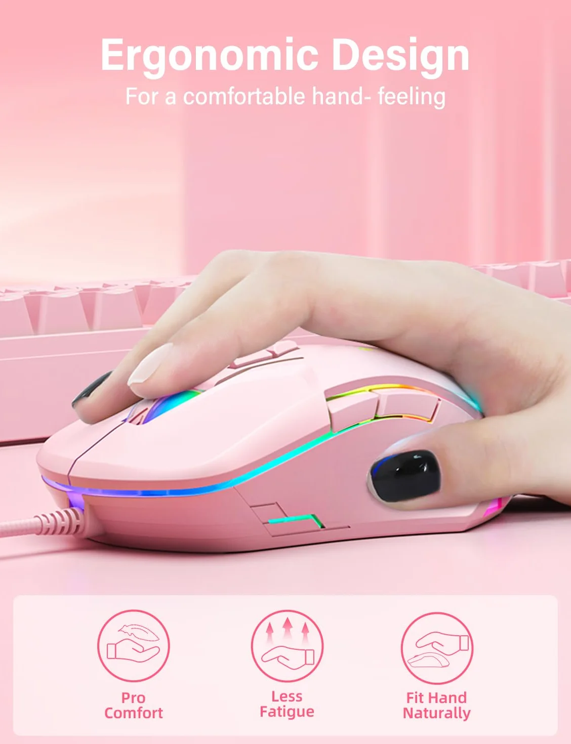 Przewodowa mysz USB, mysz komputerowa z oświetleniem RGB, 4 regulowane DPI, ergonomiczna optyczna mysz biurowa, 7 przycisków, przewodowa mysz do Windowsa, komputera, laptopa, komputera