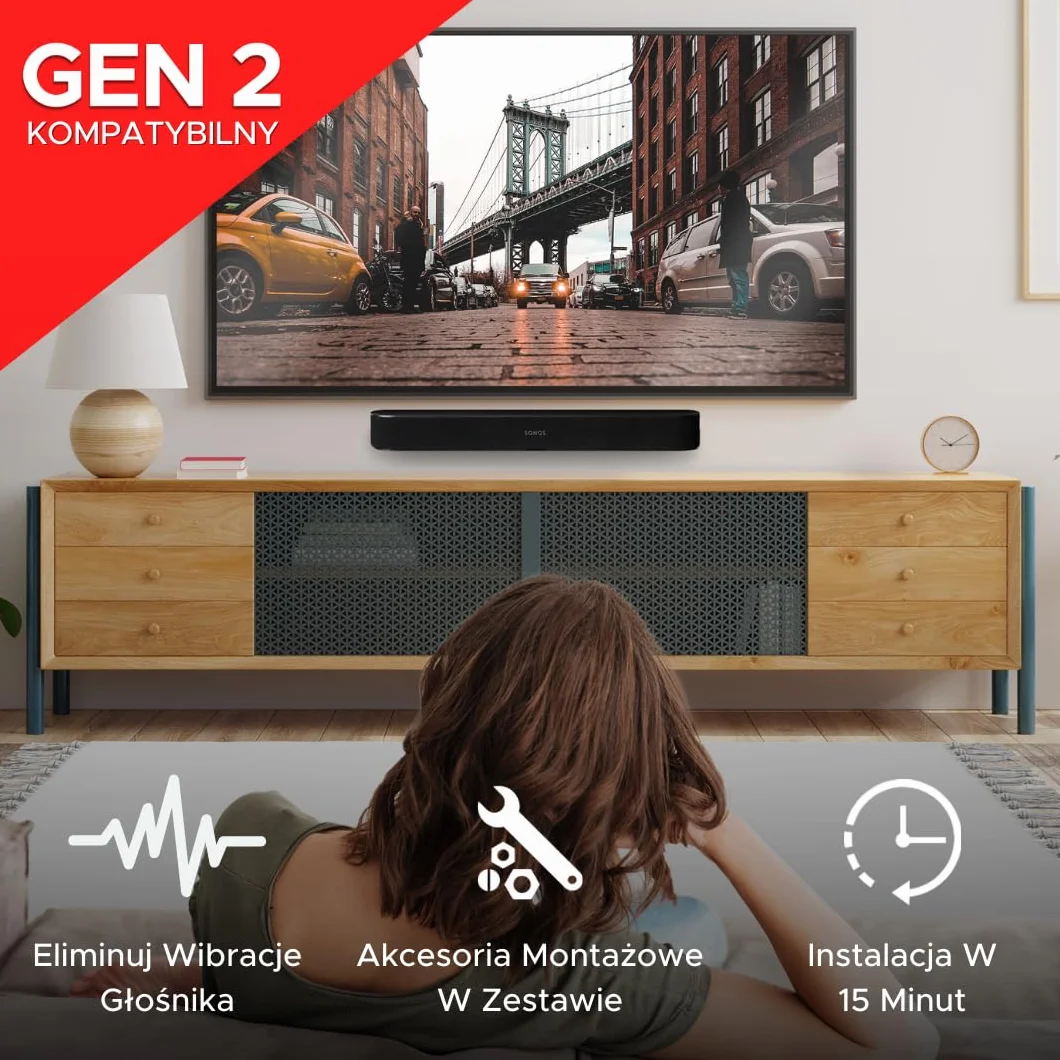 Beam uchwyt ścienny do montażu, czarny, zawiera zestaw akcesoriów montażowych do zawieszenia listwy Sonos Beam dźwiękowej, zaprojektowany w Wielkiej Brytanii przez Soundbass