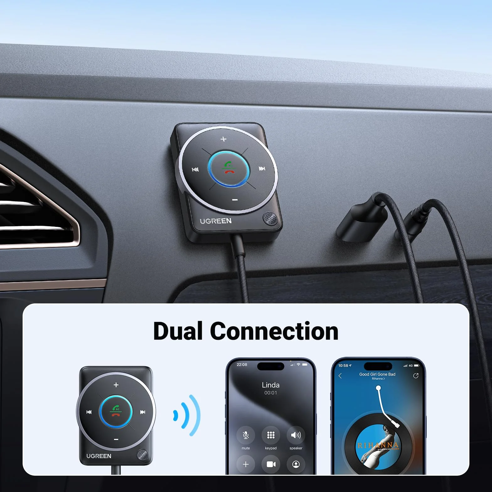 UGREEN Adapter Aux Bluetooth 5.4 samochodowy odbiornik Bluetooth wielofunkcyjny przycisk do połączeń i muzyki, podwójne połączenie, kompatybilny z samochodowym systemem stereo