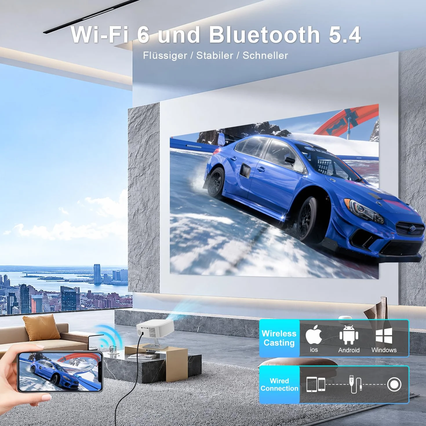 Salange Beamer,Native 1080P Projektor Unterstützt 4K, Android 14 Smart Beamer mit WiFi6 und Bluetooth 5.4 Elektronischer Fokus & Auto Korrektur, One Click Use Built-in YouTube/PrimeVideo/D+