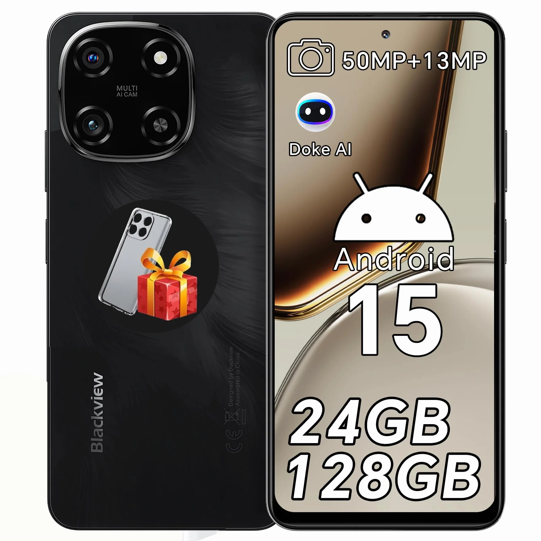 Blackview Telefon komórkowy bez umowy 24 GB + 128 GB/2TB TF, MTK G81 Octa Core 2.0GHz, Android 15, 6,67" 90Hz, 50 MP + 13 MP, smartfon, 5000 mAh/18 W, telefony komórkowe Dual SIM/czytnik linii
