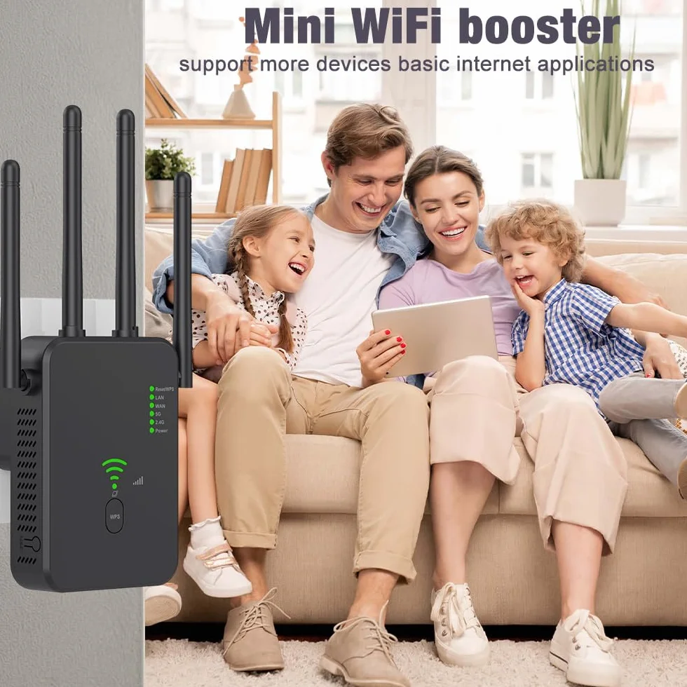 Wzmacniacz Wi-Fi, wzmacniacz sygnału WiFi, wzmacniacz sygnału WiFi, 2,4 GHz + 5 GHz WiFi Booster z repeaterem, kompatybilny ze wszystkimi routerami z 1 portem WAN, 1 portem LAN, obsługa WPS