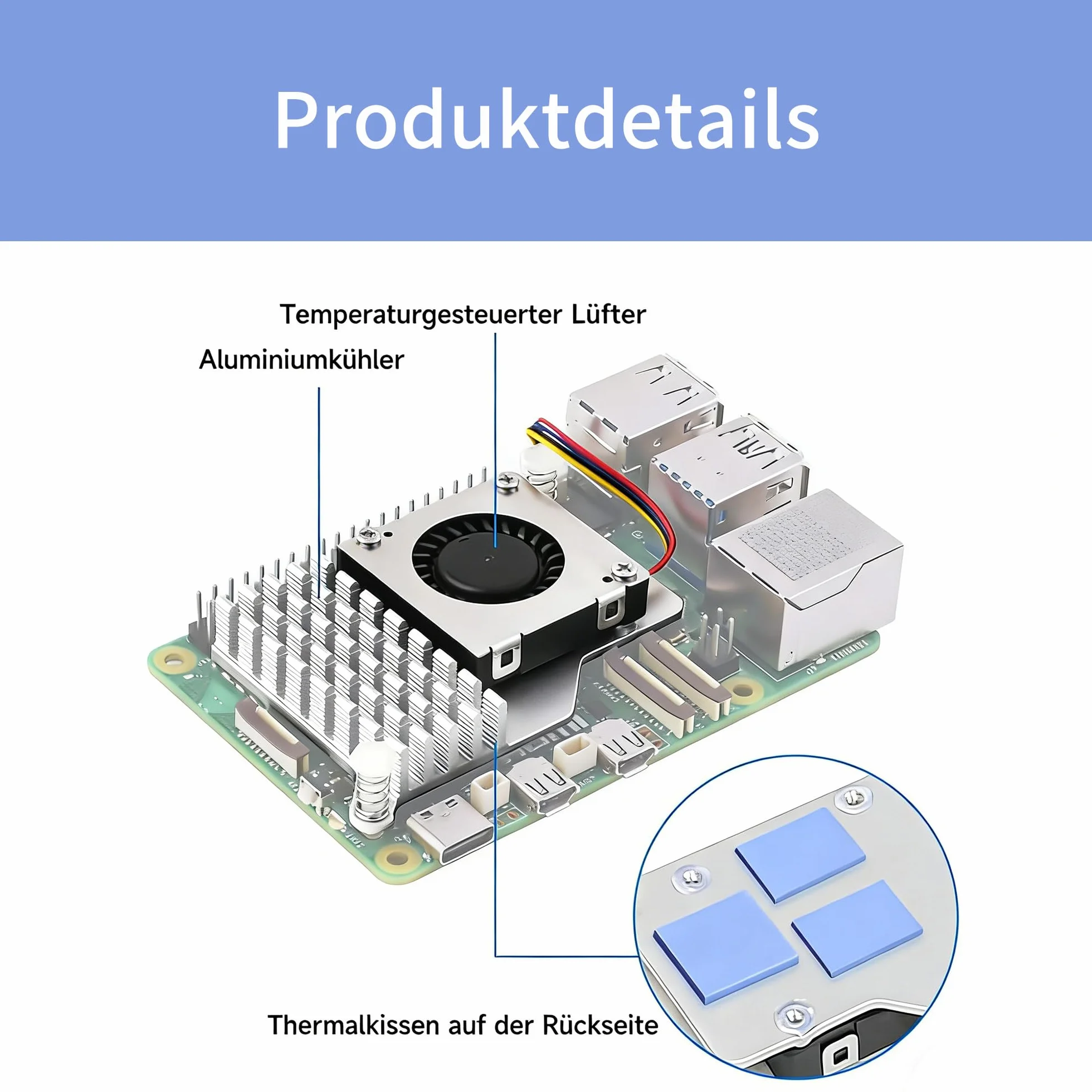 Aktywny wentylator chłodzący, Active Cooler do RasPi 5, aktywny wentylator, aluminiowy radiator, z wentylatorem sterowanym temperaturą, radiator, kompatybilny z RasPi 5