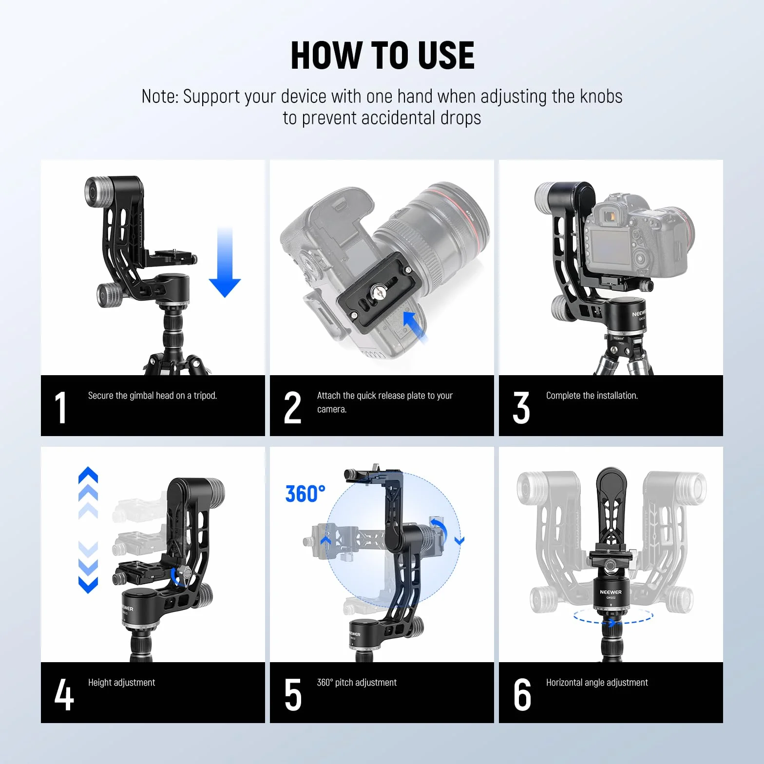 NEEWER GM102 Głowica gimbalowa do statywu monopod teleobiektywu, panoramiczna głowica statywu 360°, regulacja 3-osiowa, wytrzymały stop aluminium CNC, system szybkiego uwalniania typu Arca, maksymalne