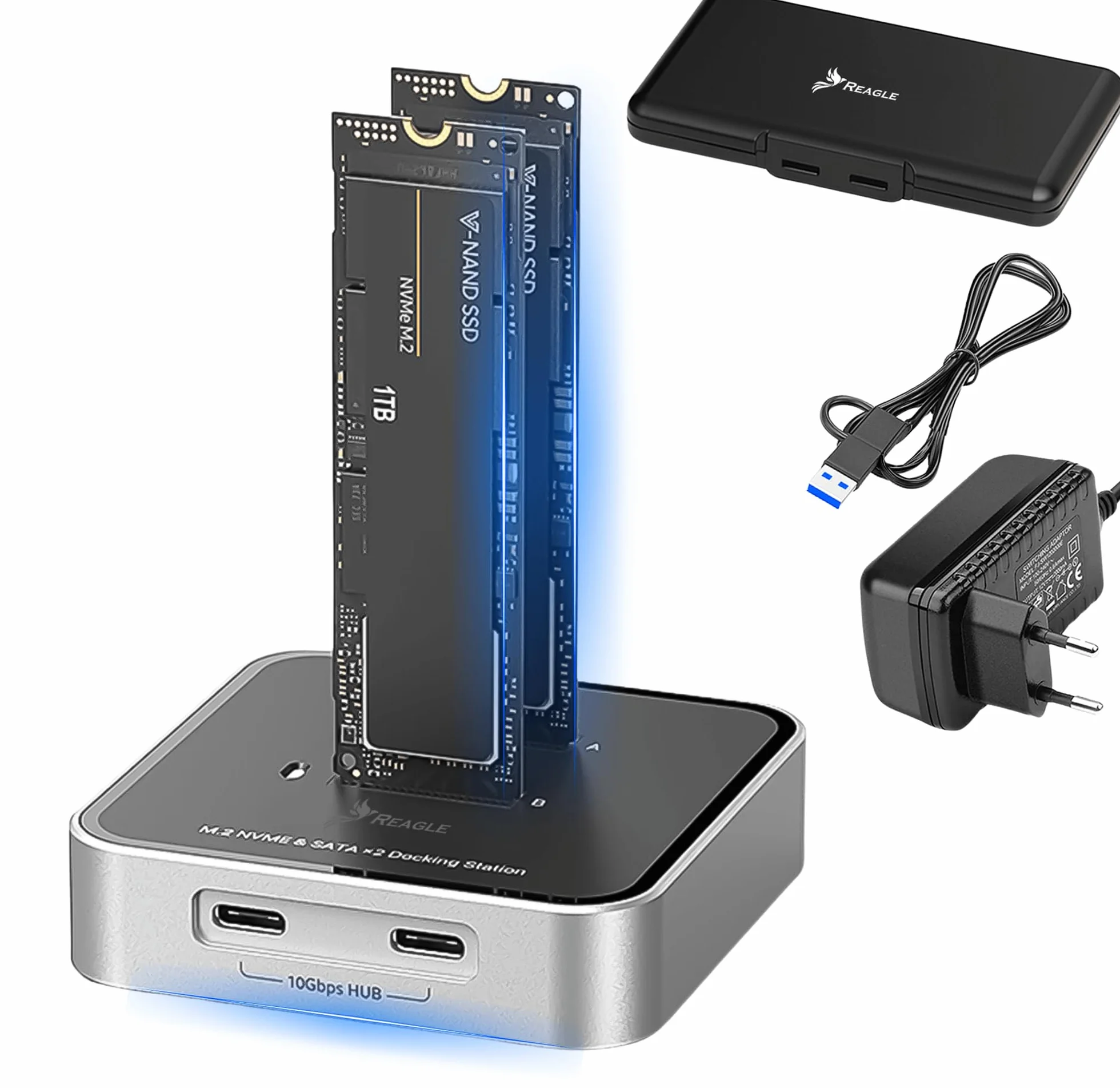 Reagle Dual M.2 NVMe SATA stacja dokująca, USB-C 3.2 Gen2 10 Gbit/s, 2 × M.2 SSD jednocześnie, wsparcie 16 TB, aluminiowa obudowa, klucz M i B+M Key, Plug & Play, w zestawie kabel USB-A/USB-C