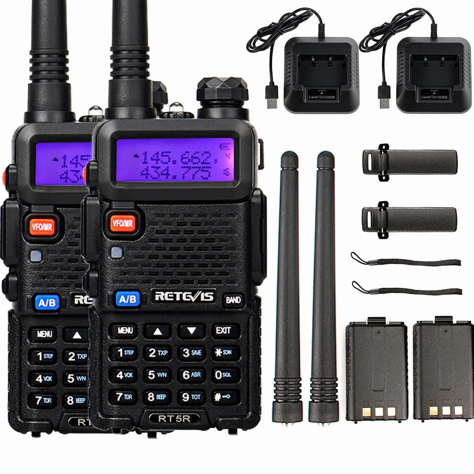 Retevis RT5R Walkie Talkie Professional, Dwuzakresowy Walkie Talkie Dalekiego Zasięgu z Ładowarką USB, Krótkofalówka 128 Kanałów VOX FM Radio Alarm Awaryjny Magazynu, Polowanie, Nagły (Czarny, 2 Szt)